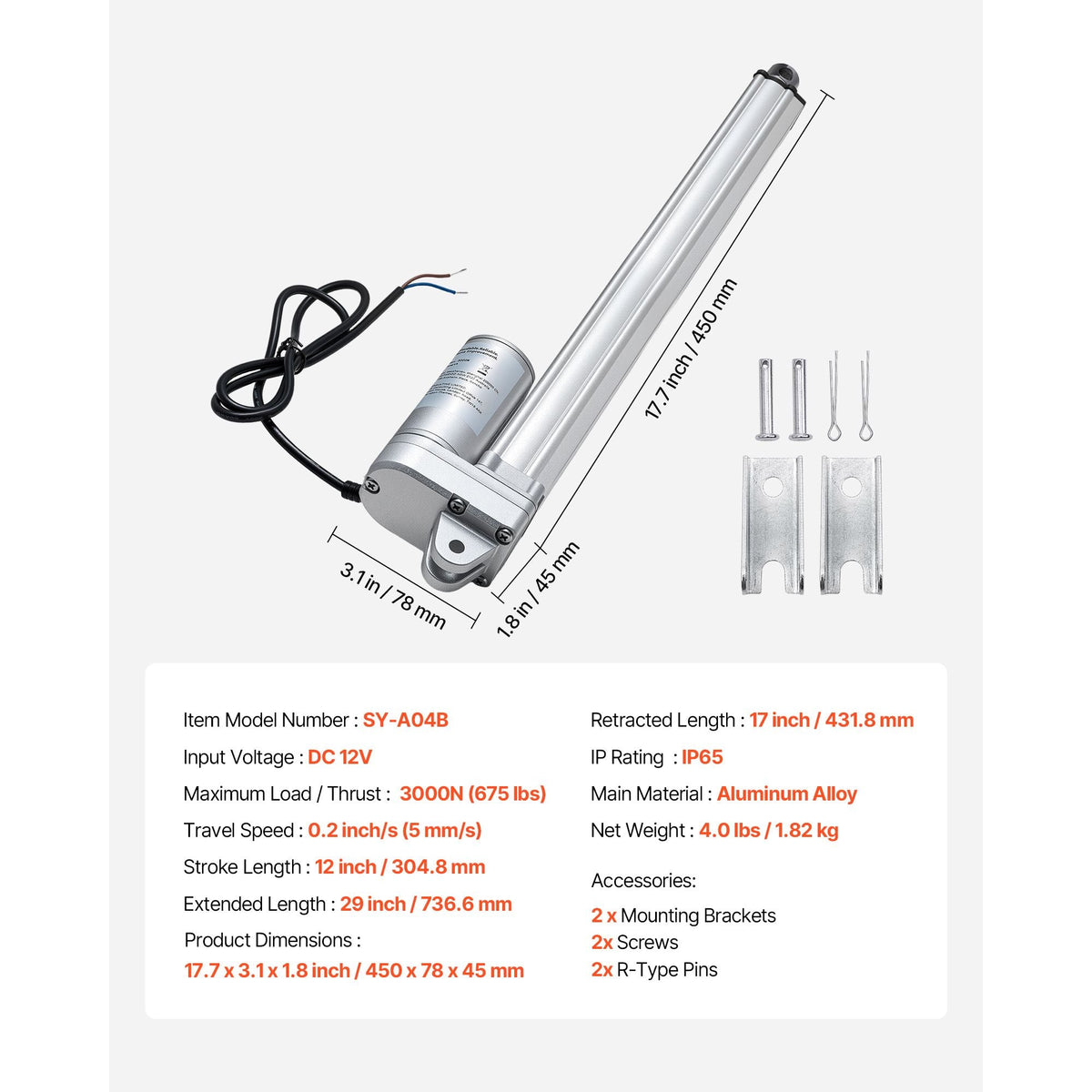 12V Linear Actuator, 12 Inch IP65 Waterproof Linear Actuator, 675lbs/3000N 0.2"/s Motion Actuators with Mounting Bracket for Outdoor Use