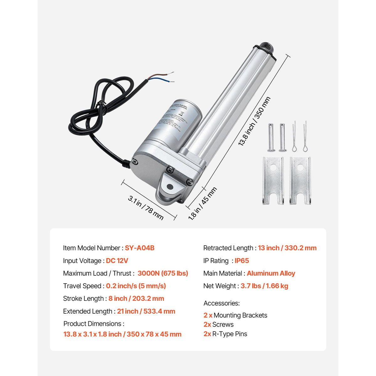 12V Linear Actuator, 8 Inch IP65 Waterproof Linear Actuator, 675lbs/3000N 0.2"/s Motion Actuators with Mounting Bracket for Outdoor Use