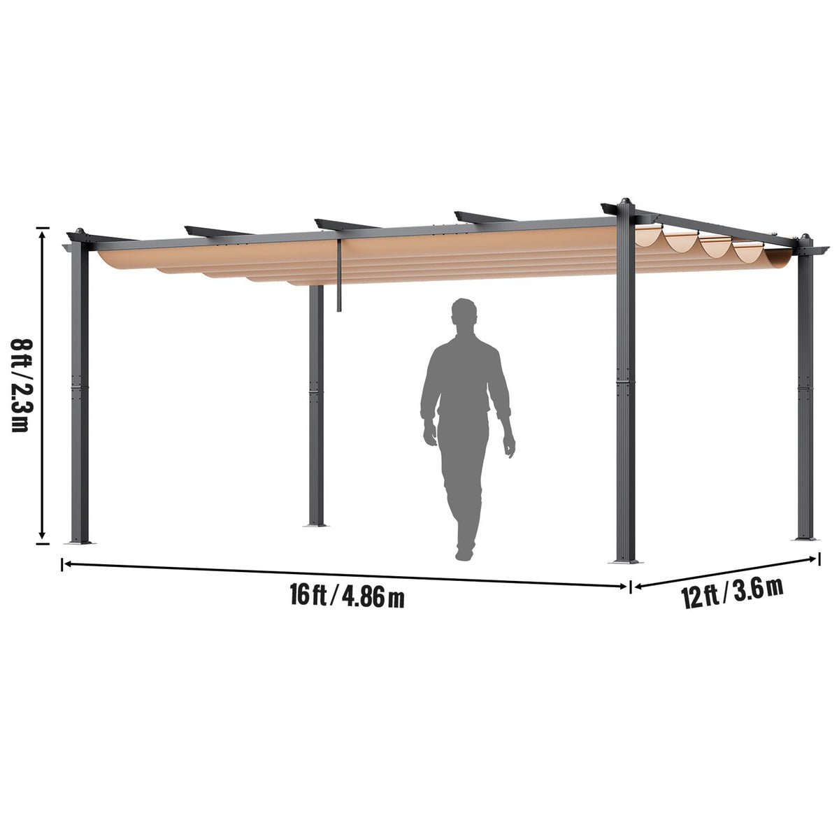 12'x16' Outdoor Retractable Pergola with Canopy, Aluminum Pergola with Retractable Canopy, Modern Pergola with Sun Shade Canopy for Patios, Gardens, Decks, Backyards (Beige)