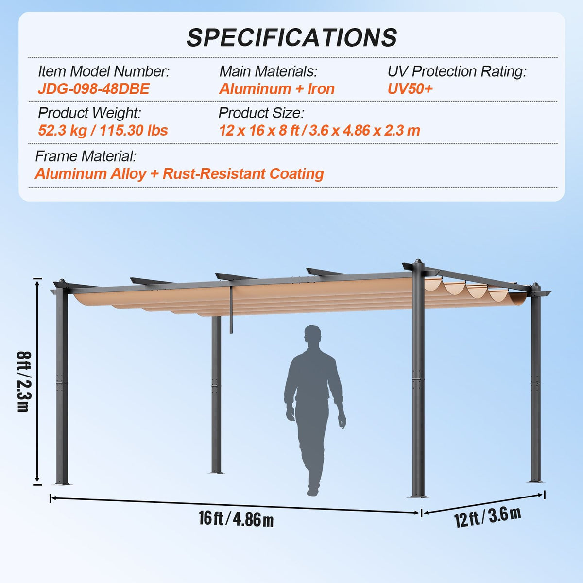 12'x16' Outdoor Retractable Pergola with Canopy, Aluminum Pergola with Retractable Canopy, Modern Pergola with Sun Shade Canopy for Patios, Gardens, Decks, Backyards (Beige)