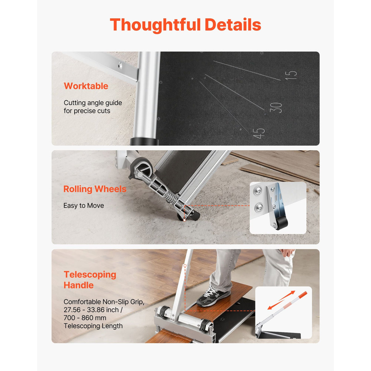 13 inch Vinyl Floor Cutter, 12mm Thick Laminate Flooring Cutter with 15°/30°/45° Adjustable Angle Settings, Flexible Wheels, Telescoping Handle, Certain Engineered Wood, LVT, VCT, SPC, LVP, WPC