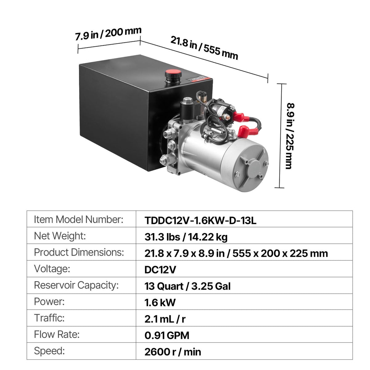 13 Quart Hydraulic Power Unit, Single Acting Dump Trailer Pump, 3200 PSI Max Relief Pressure & 0.91 GPM Flow Rate, DC 12V Hydraulic Pump with Metal Reservoir for Dump Trailer Car Lifting