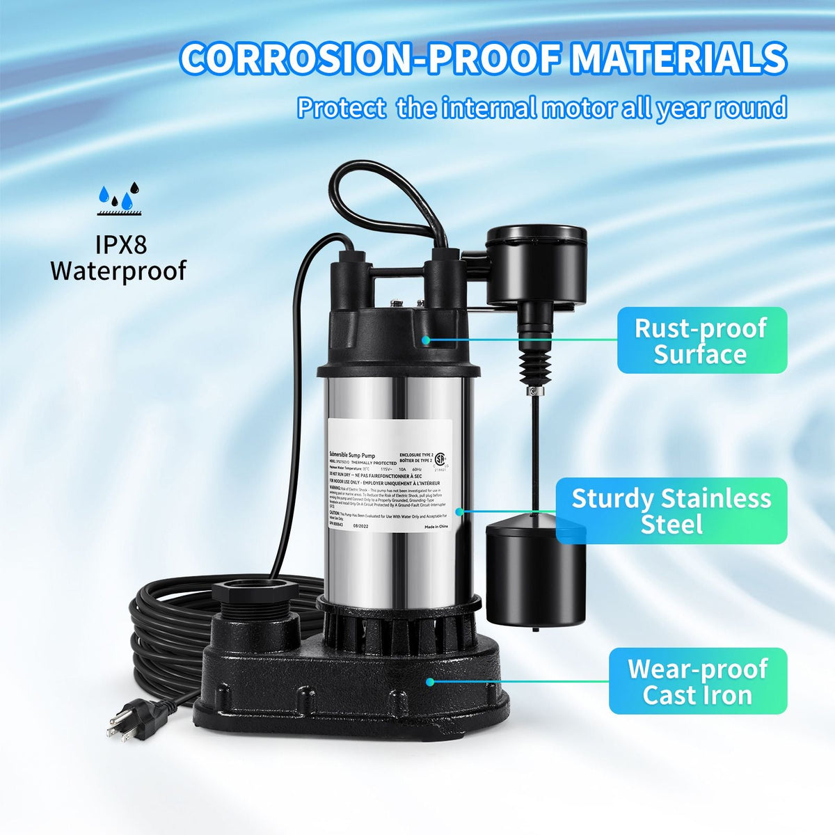 1.5 HP Submersible Cast Iron and Steel Sump Pump, 6000 GPH Submersible Water Pump with Integrated Vertical Float Switch, for Basement Water Basin and Flooding Area Tested to UL Standards