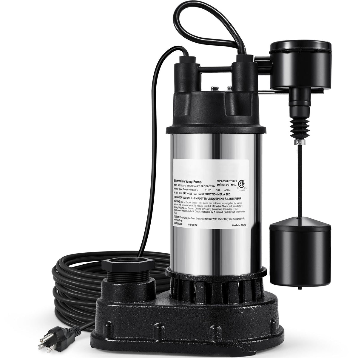 1.5 HP Submersible Cast Iron and Steel Sump Pump, 6000 GPH Submersible Water Pump with Integrated Vertical Float Switch, for Basement Water Basin and Flooding Area Tested to UL Standards