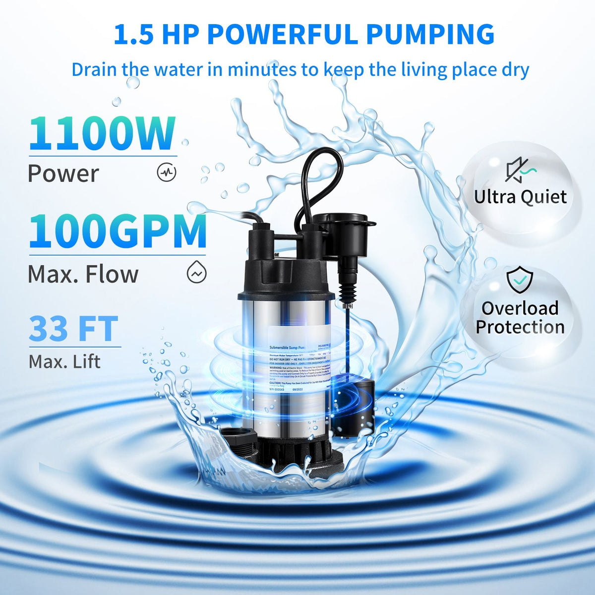 1.5 HP Submersible Cast Iron and Steel Sump Pump, 6000 GPH Submersible Water Pump with Integrated Vertical Float Switch, for Basement Water Basin and Flooding Area Tested to UL Standards
