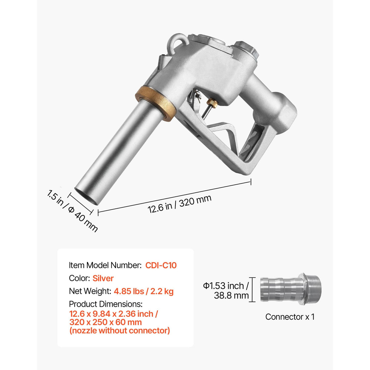 1.5 Inch Barb Automatic Fuel Nozzle with Swivel, Max Flow Rate 37 GPM, Auto Shut Off Diesel Gas Pump Nozzle with 3-Speed Trigger Lock & 1.5 Inch (OD=40 mm) Spout for Gasoline, Diesel, Kerosene