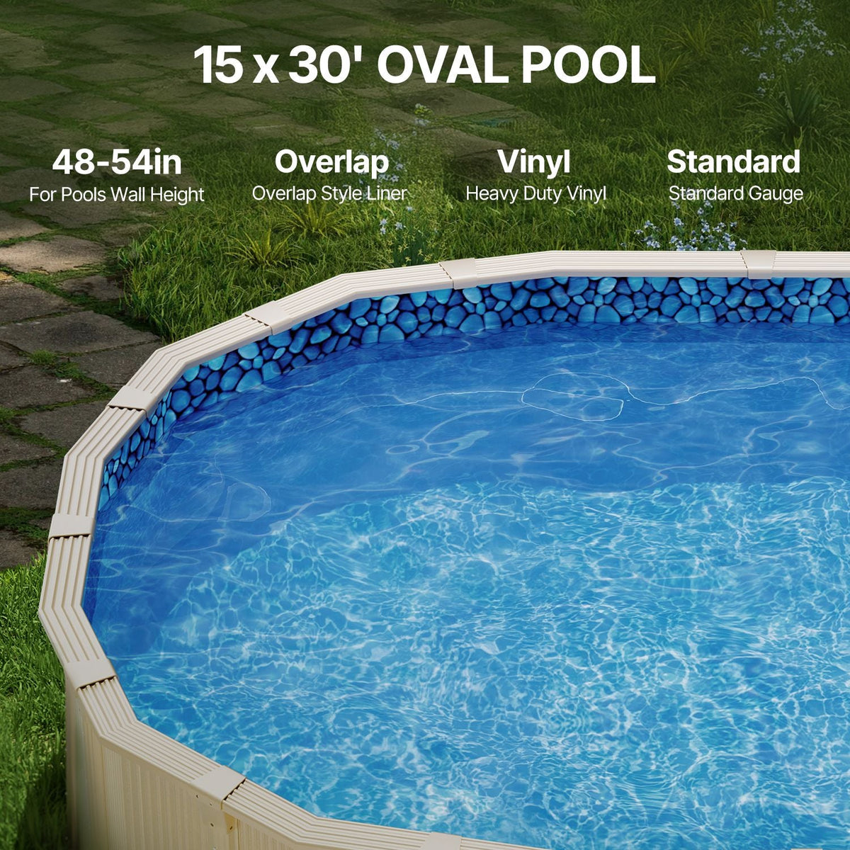 15 x 30 ft Oval Pool Liner, Overlap Style Above Ground Pool Liners, 48-to-54inch Wall Height, Durable Pool Liner, Standard Gauge Vinyl, for Steel Sided Above-Ground Swimming Pools