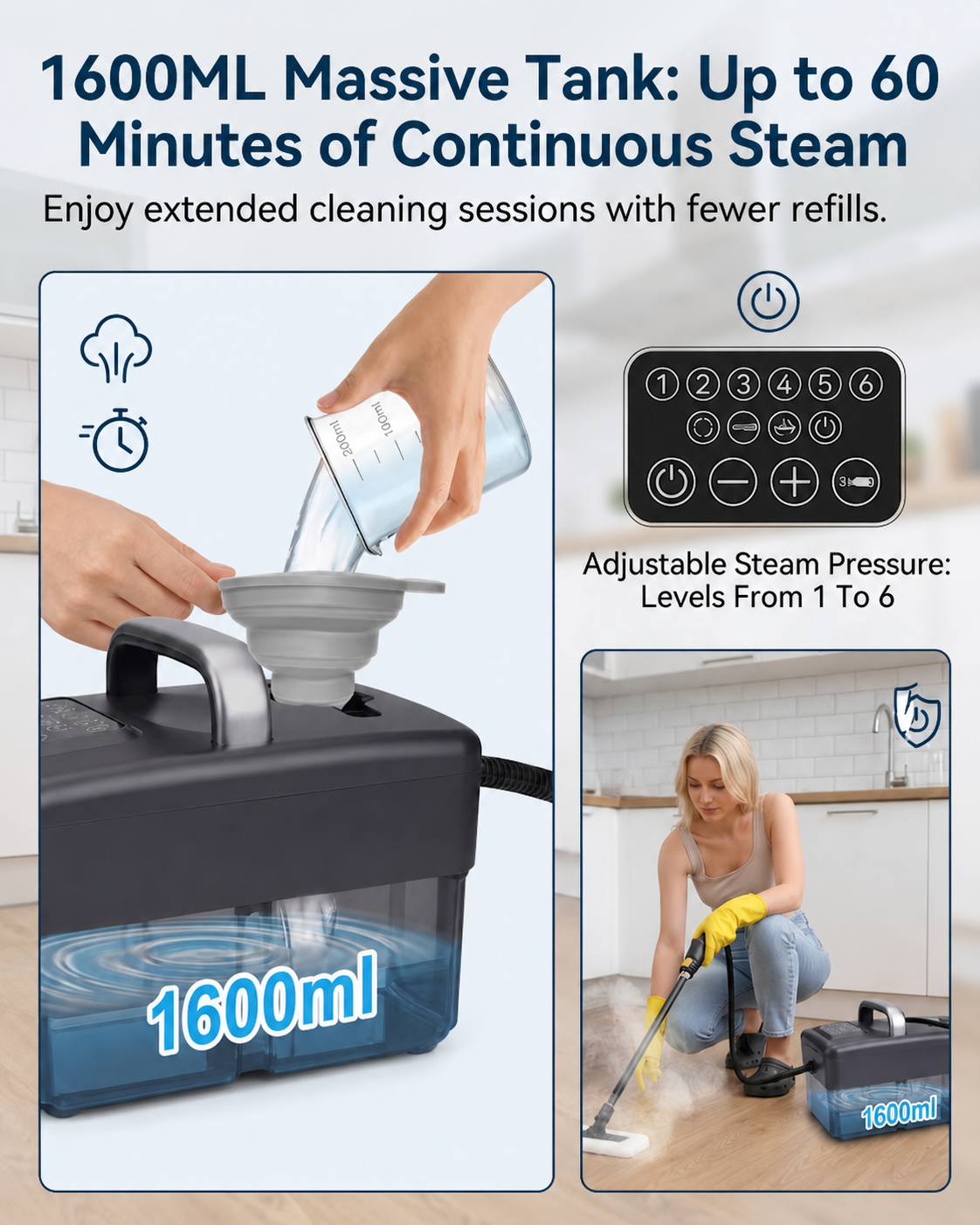 2500W Handheld Steam Cleaner with 18pcs Accessories & 1.6L Tank, 2026 Upgraded 6-Level Adjustable High Temp Steamer for Home, Car, Windows, Grout, Upholstery - Black Edition