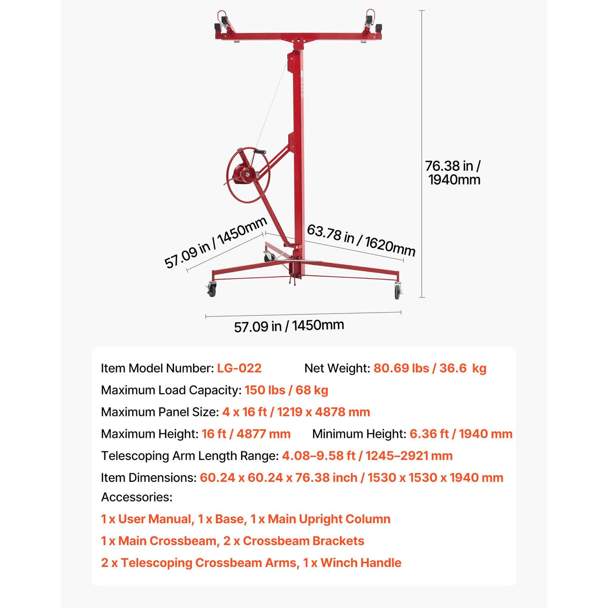 16ft Drywall Lift, Heavy-Duty 150 lbs Sheetrock Hoist with Adjustable Telescoping Arm, Lockable Wheels, Drywall Lifter Panel Jack Hoist Tools Ideal for Ceiling & Wall Installation (Red)
