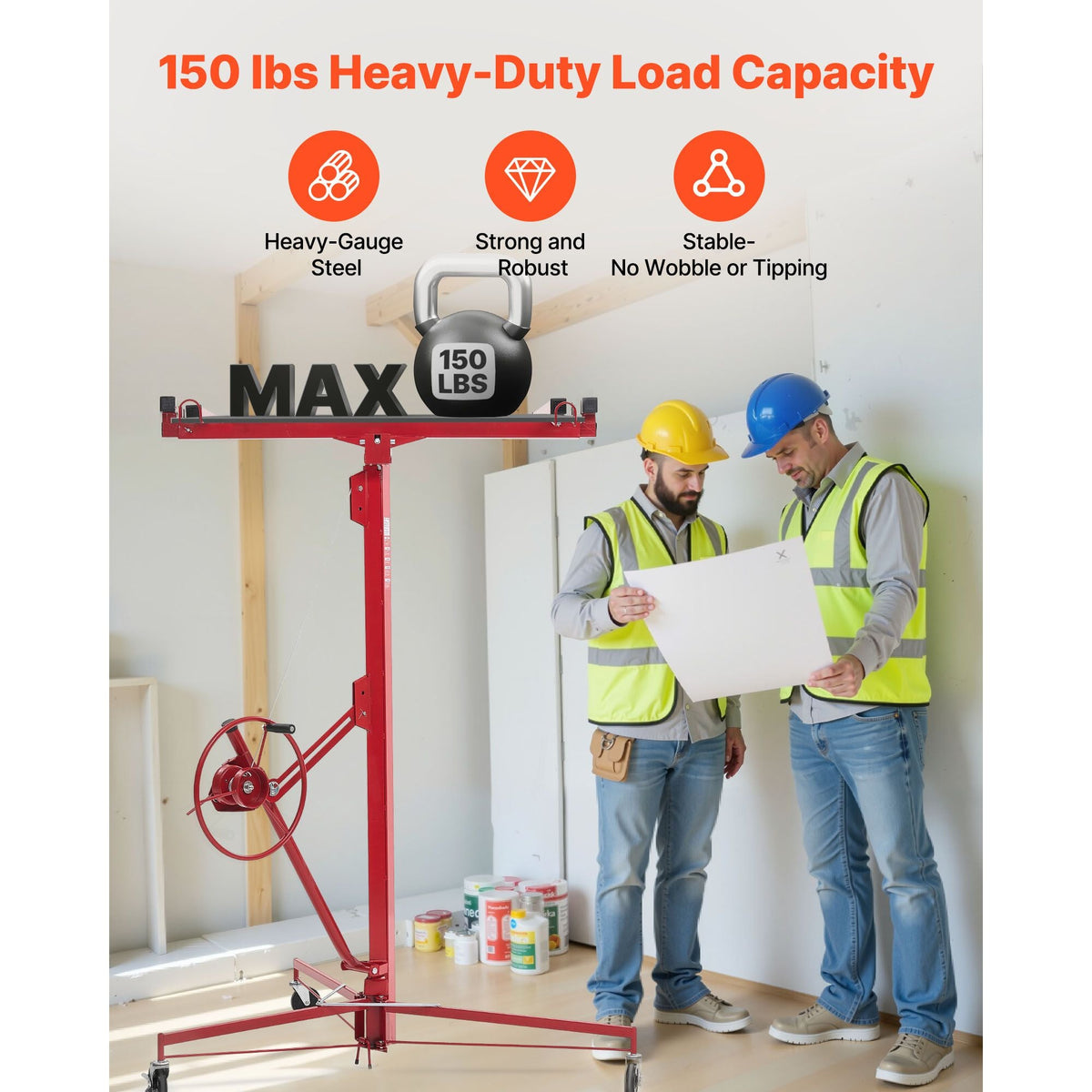16ft Drywall Lift, Heavy-Duty 150 lbs Sheetrock Hoist with Adjustable Telescoping Arm, Lockable Wheels, Drywall Lifter Panel Jack Hoist Tools Ideal for Ceiling & Wall Installation (Red)