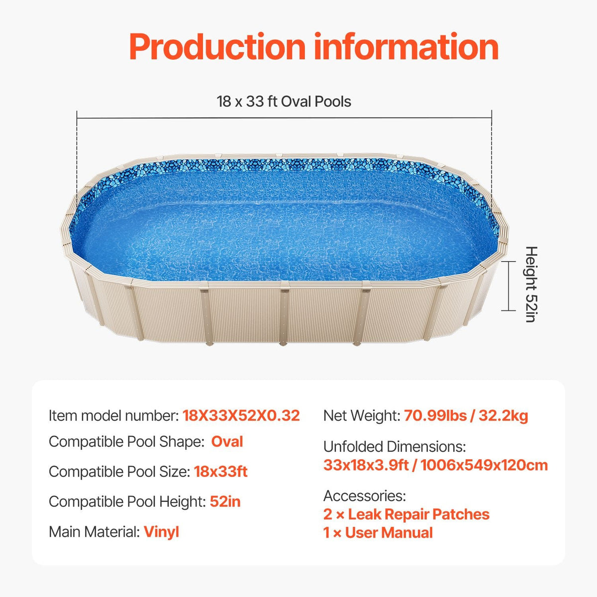 18-Foot-by-33-Foot Oval Pool Liner for Unibead Above Ground Swimming Pools, Standard Gauge, 52inch Wall Height