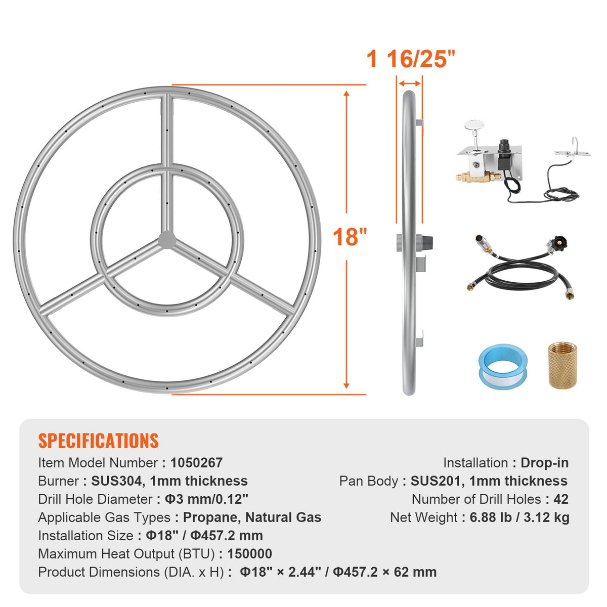 18 inch Round Stainless-Steel Fire Pit Burner Ring, Drop-in Fire Pit Ring Burner Kit for Natural Gas & Propane - with 150,000 BTU Heat Output for Indoor/Outdoor Use
