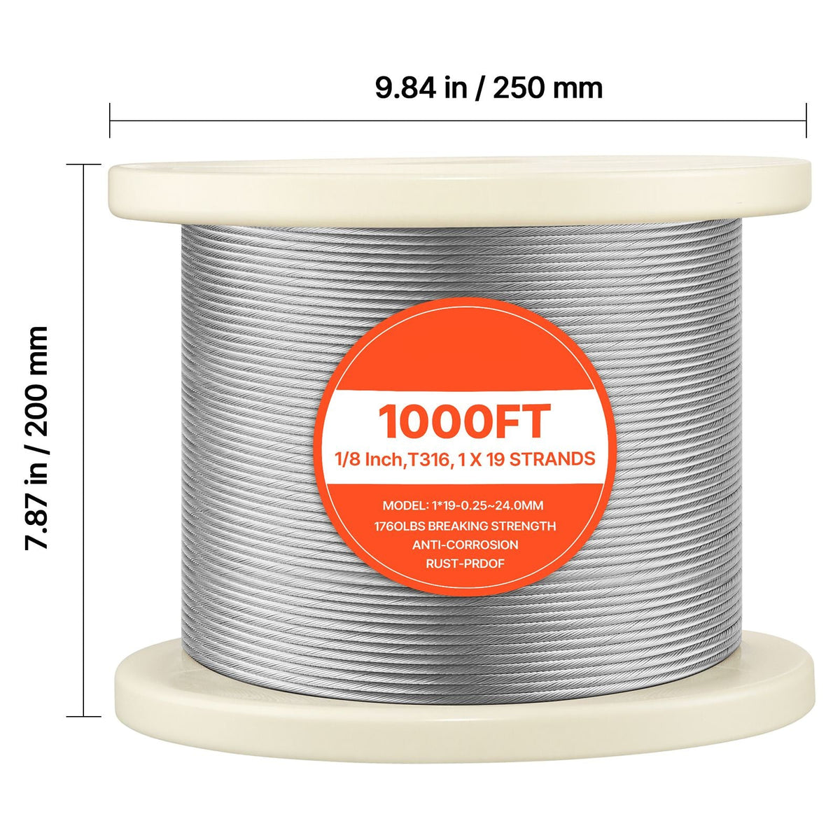 1/8 Inch Wire Rope, 1000 ft Length, 316 Stainless Steel Wire Cable with Cutter, 1760 lbs Breaking Strength, 1 x 19 Strands Construction, Steel Cable for Deck Railing System, Garden Trellis
