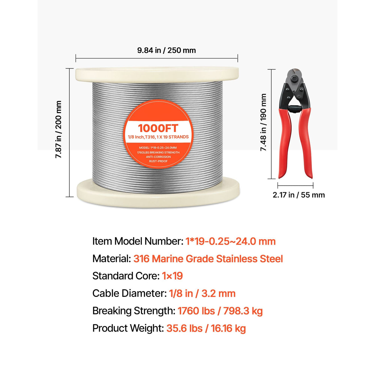 1/8 Inch Wire Rope, 1000 ft Length, 316 Stainless Steel Wire Cable with Cutter, 1760 lbs Breaking Strength, 1 x 19 Strands Construction, Steel Cable for Deck Railing System, Garden Trellis