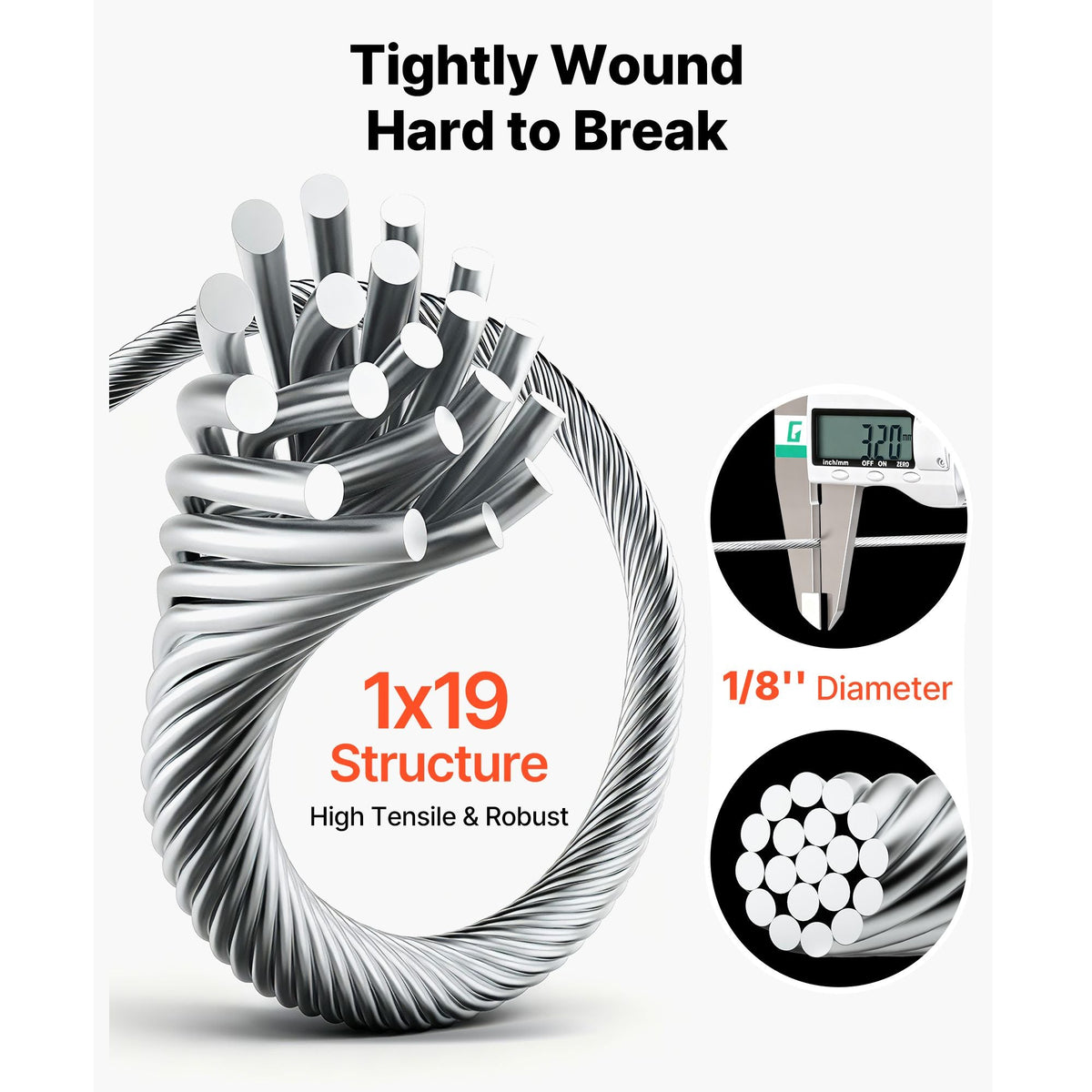 1/8 Inch Wire Rope, 500 ft Length, 316 Stainless Steel Wire Cable with Cutter, 1760 lbs Breaking Strength, 1 x 19 Strands Construction, Steel Cable for Deck Railing System, Garden Trellis