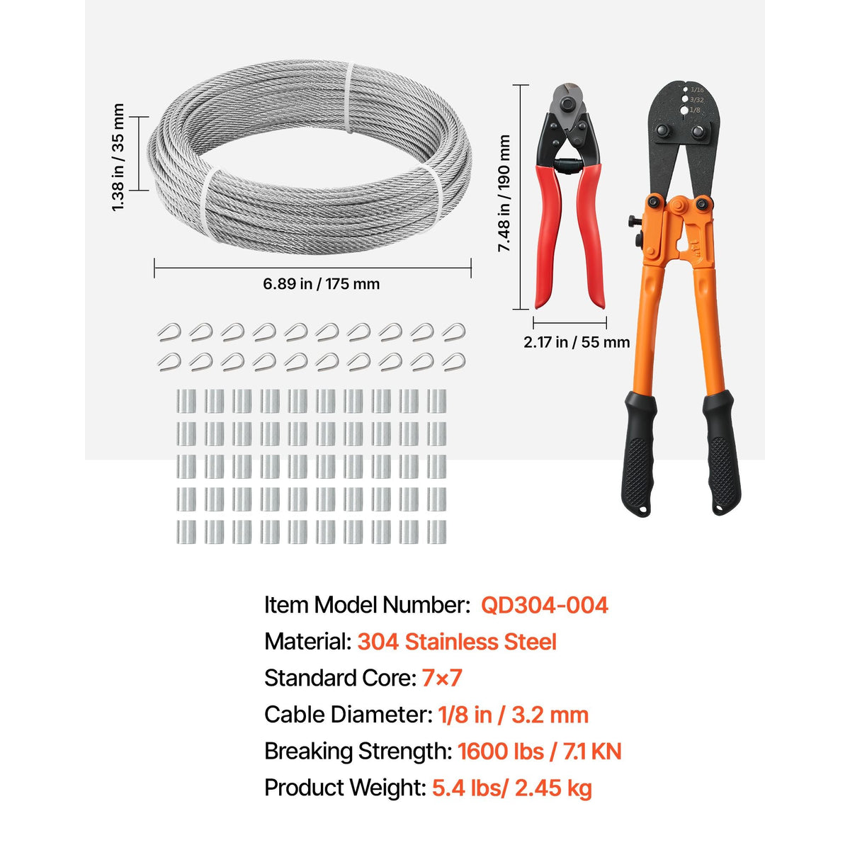 1/8 Inch Wire Rope Kit, 100 ft Length, 304 Stainless Steel Wire Cable with Cutter, 1600 lbs Breaking Strength, 7 x 7 Strands Construction, Steel Cable for Deck Railing System, Garden Trellis