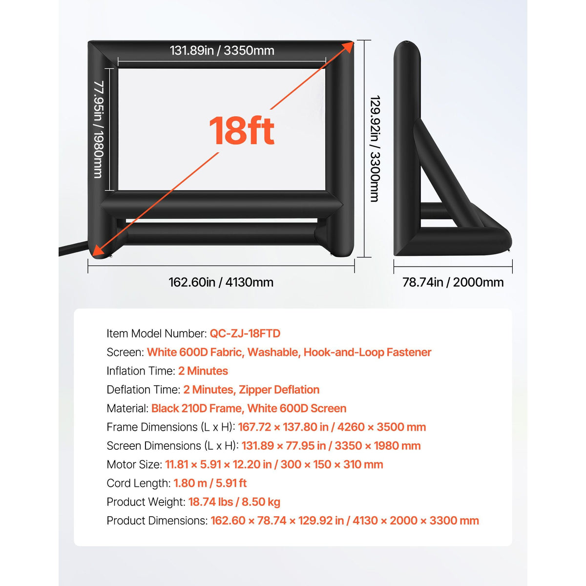 18FT Inflatable Movie Screen, Inflatable Projector Screen with Portable Storage Bag, 16:9 Easy Set Up Movie Projection for Outdoor Backyard, Home Theater, Theme Party