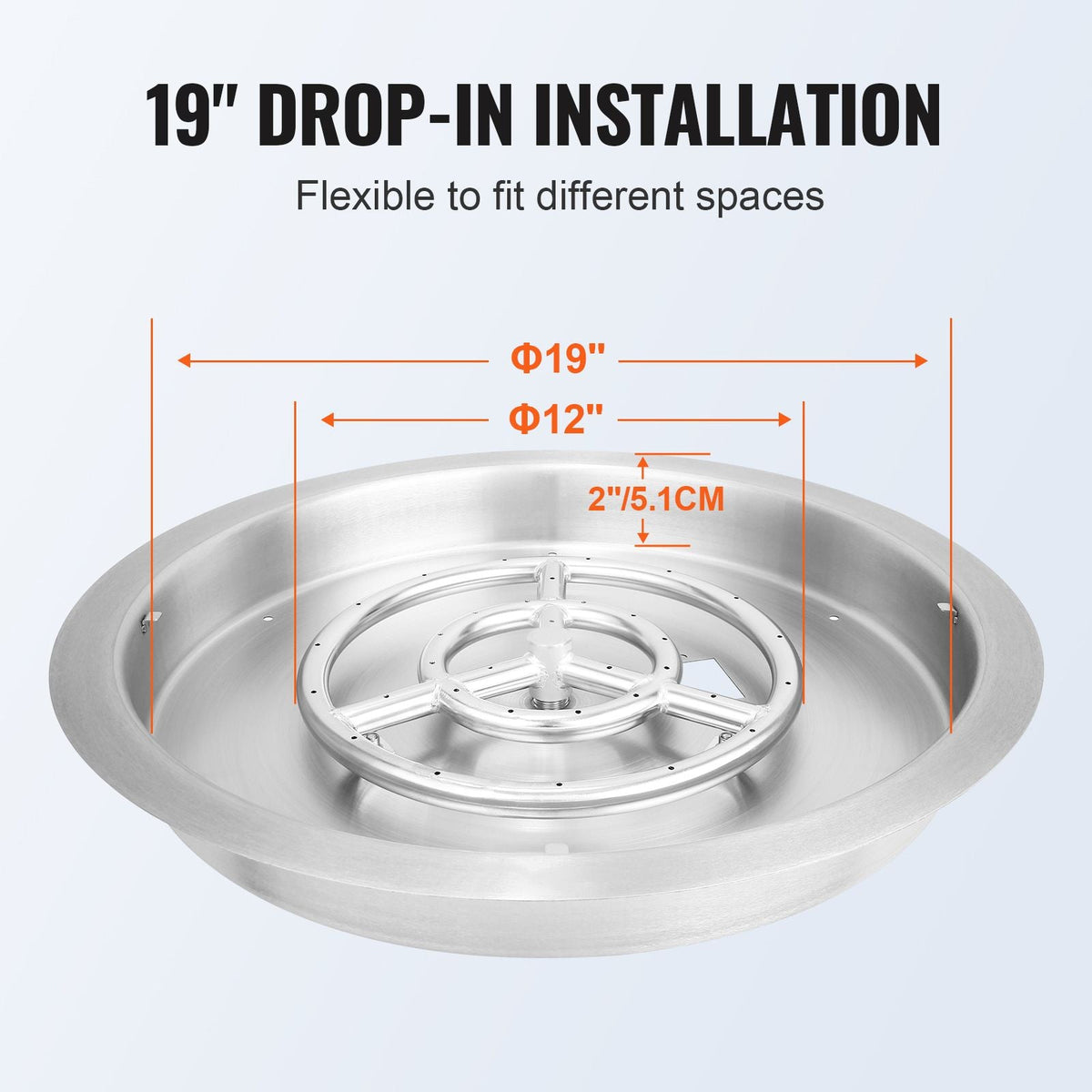 19 inch Round Drop-in Fire Pit Pan, Stainless Steel Fire Pit Burner, Natural & Propane Gas Fire Pan 92,000 BTU with Lid, for Indoor or Outdoor Use