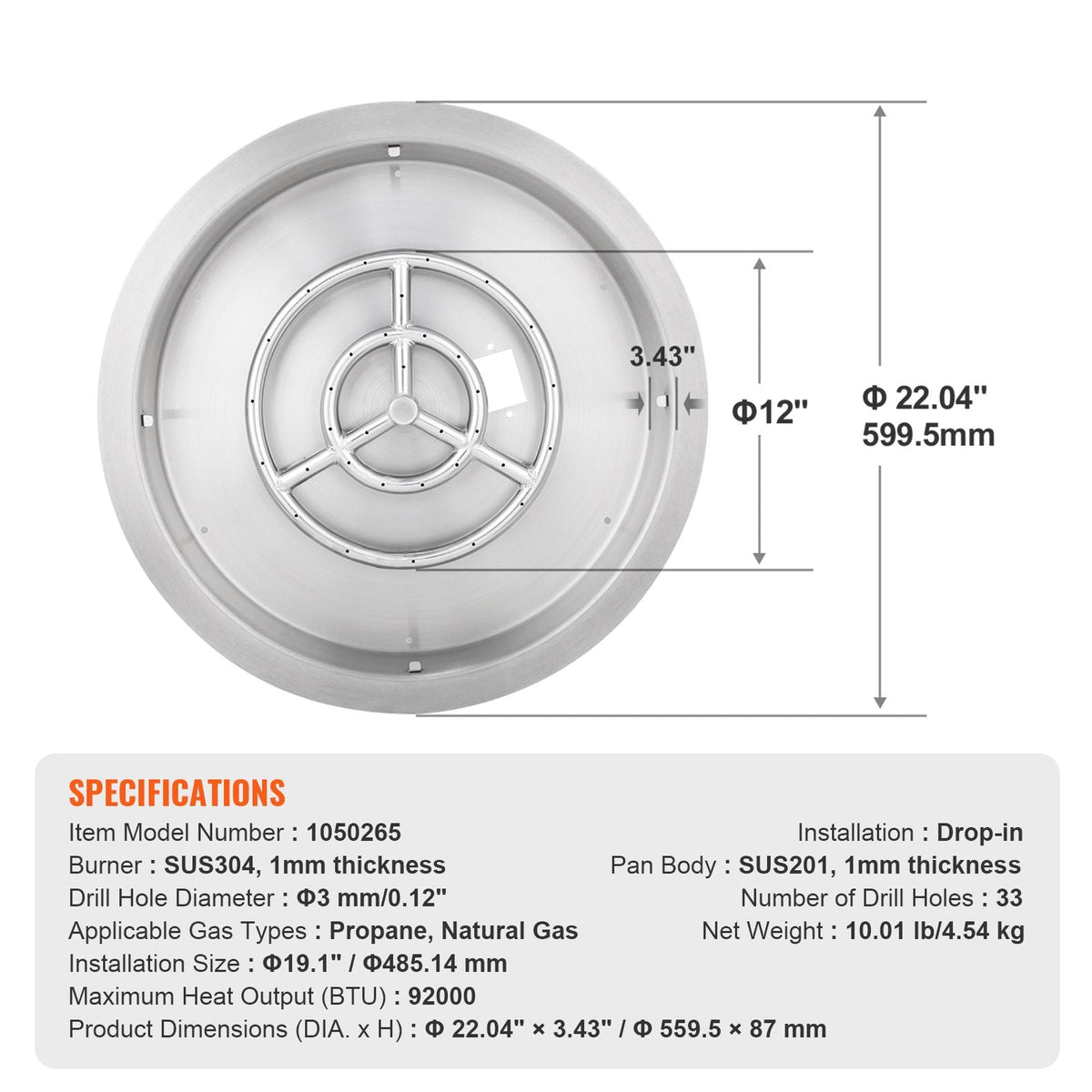 19 inch Round Drop-in Fire Pit Pan, Stainless Steel Fire Pit Burner, Natural & Propane Gas Fire Pan 92,000 BTU with Lid, for Indoor or Outdoor Use