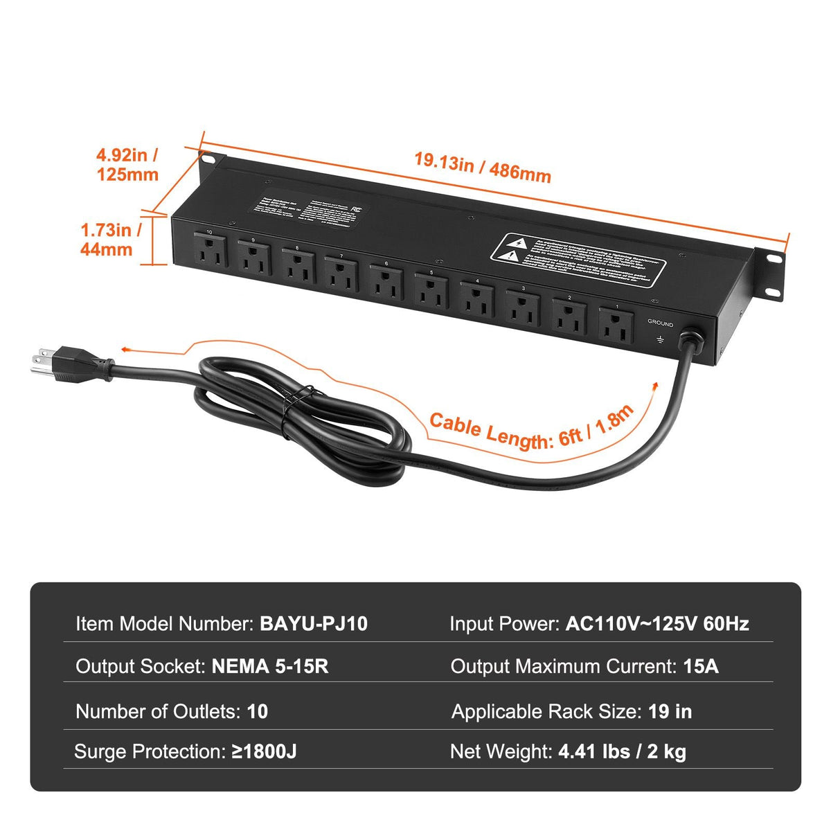1U PDU, 10 Outlets, Rack Mount Power Strip Fits Standard 19" Server Racks, with Independent Switch Surge Protection & Overload Protection, 110-125V/15A, Ideal for Home and Office