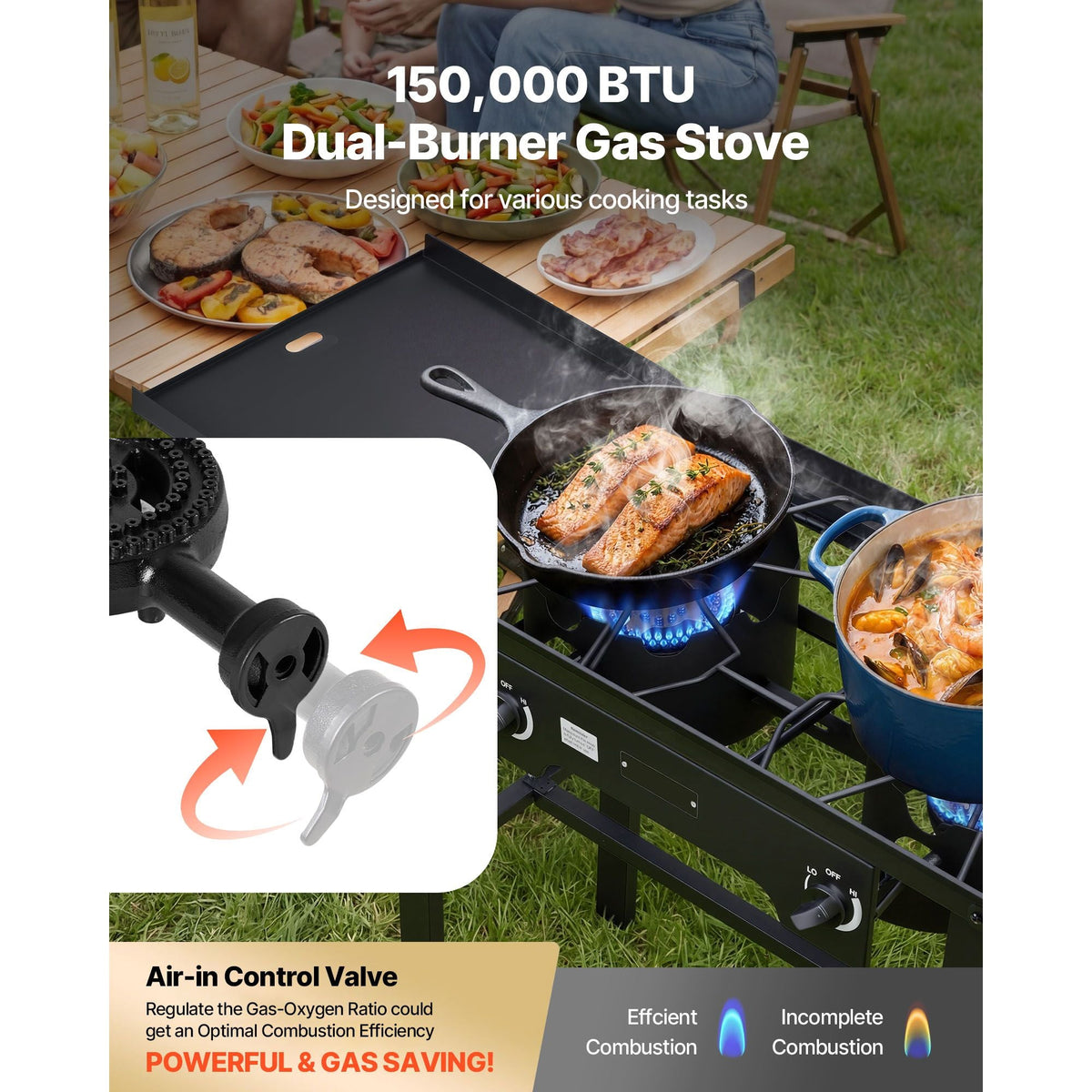 2 Burner Outdoor Propane Gas Stove, 150,000 BTU Propane LPG Gas Camping Stove, Foldable Heavy-duty Carbon Steel Outdoor Cooker, with Wheels & Shield & 20 PSI Regulator, for BBQ Camp Home Patio