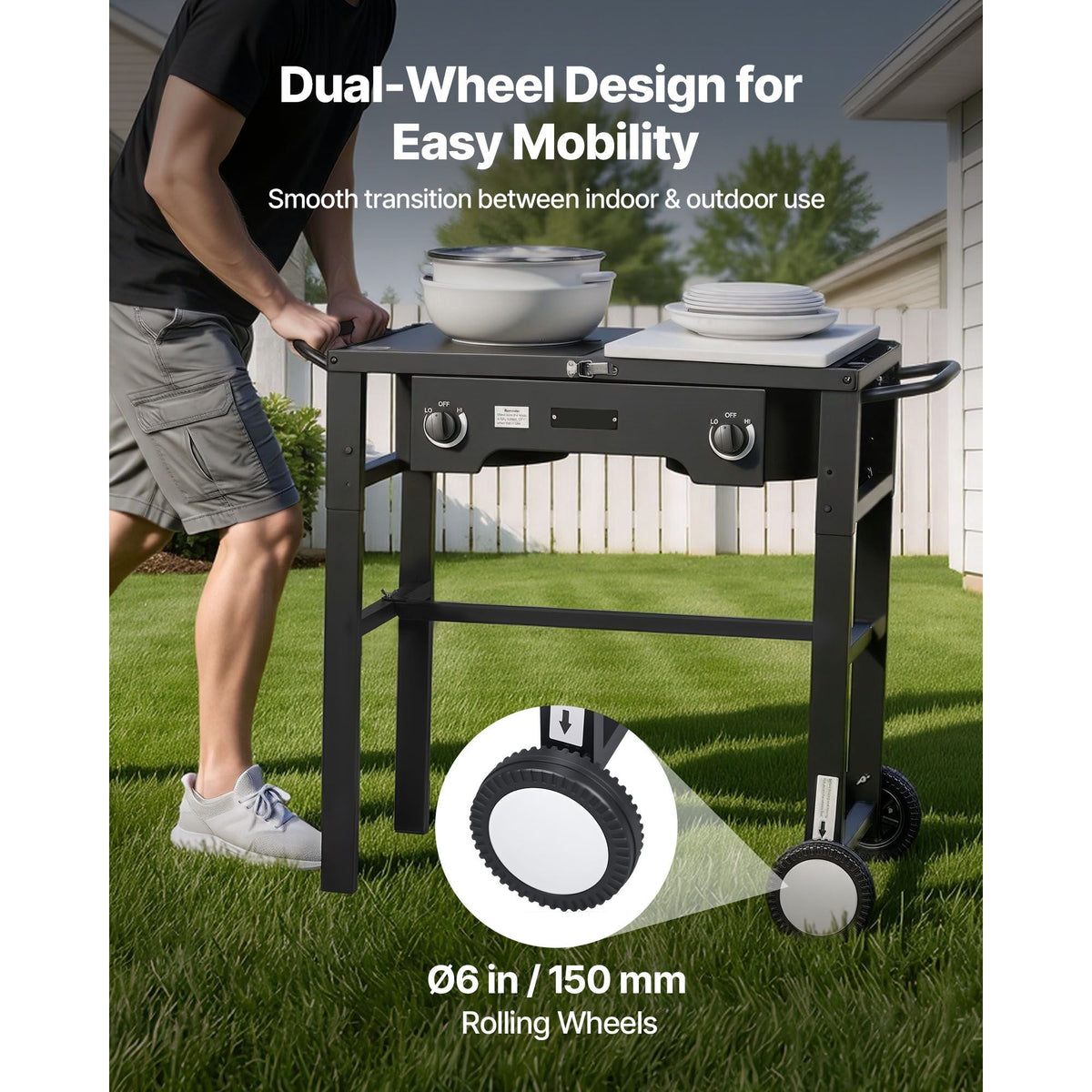 2 Burner Outdoor Propane Gas Stove, 150,000 BTU Propane LPG Gas Camping Stove, Foldable Heavy-duty Carbon Steel Outdoor Cooker, with Wheels & Shield & 20 PSI Regulator, for BBQ Camp Home Patio