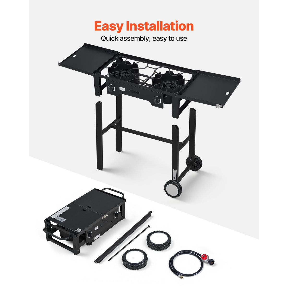 2 Burner Outdoor Propane Gas Stove, 150,000 BTU Propane LPG Gas Camping Stove, Foldable Heavy-duty Carbon Steel Outdoor Cooker, with Wheels & Shield & 20 PSI Regulator, for BBQ Camp Home Patio