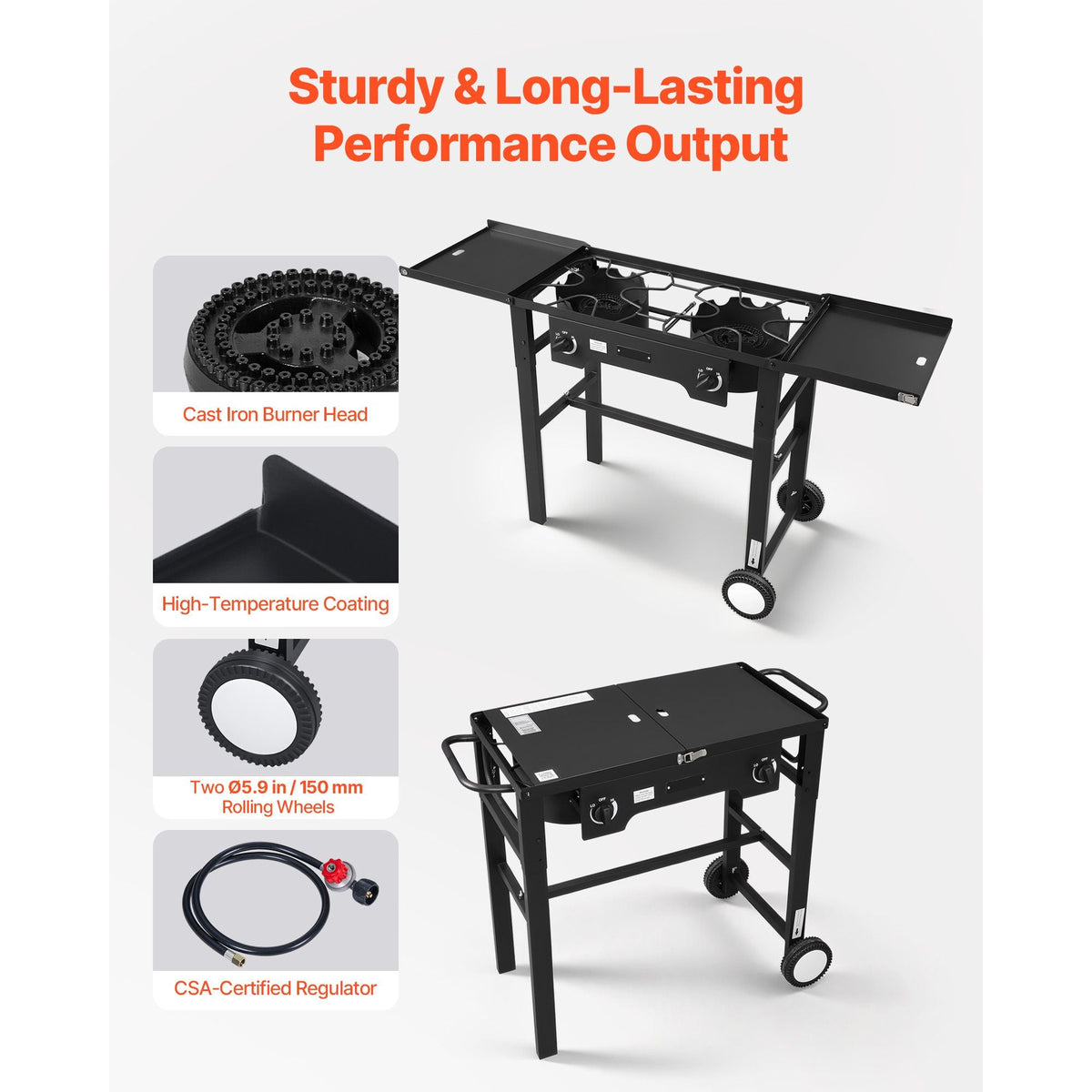 2 Burner Outdoor Propane Gas Stove, 150,000 BTU Propane LPG Gas Camping Stove, Foldable Heavy-duty Carbon Steel Outdoor Cooker, with Wheels & Shield & 20 PSI Regulator, for BBQ Camp Home Patio