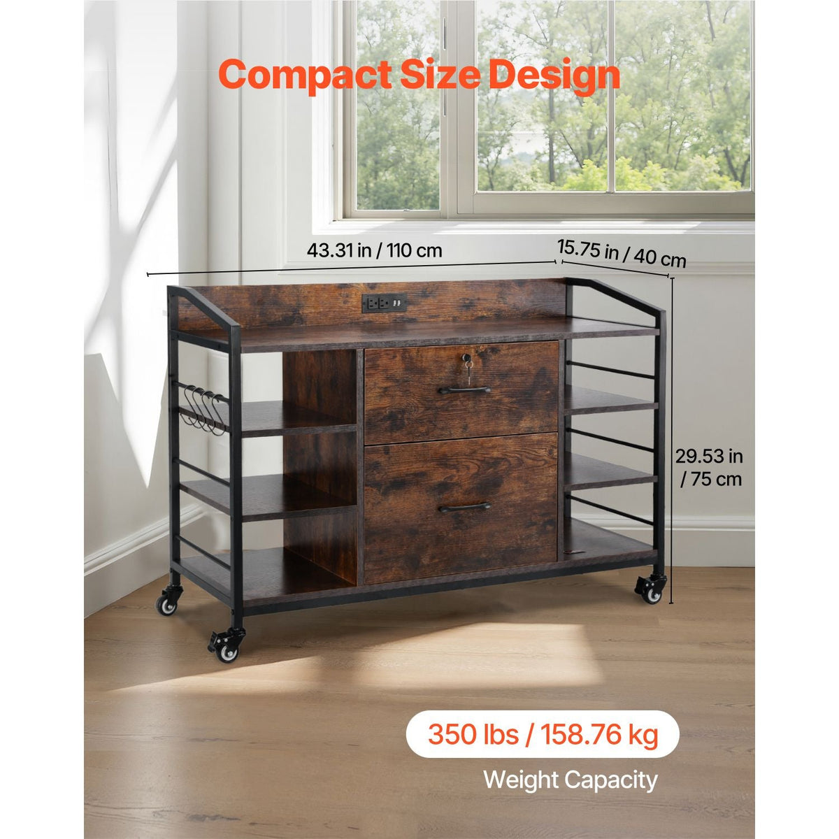 2 Drawers Metal File Cabinet, Lateral Filing Cabinet with Lock and 6 Open Shelves, Wooden Wide Filing Storage Cabinets with Power Strip for Letter, A4, Legal Size File, Easy Assembly, Brown