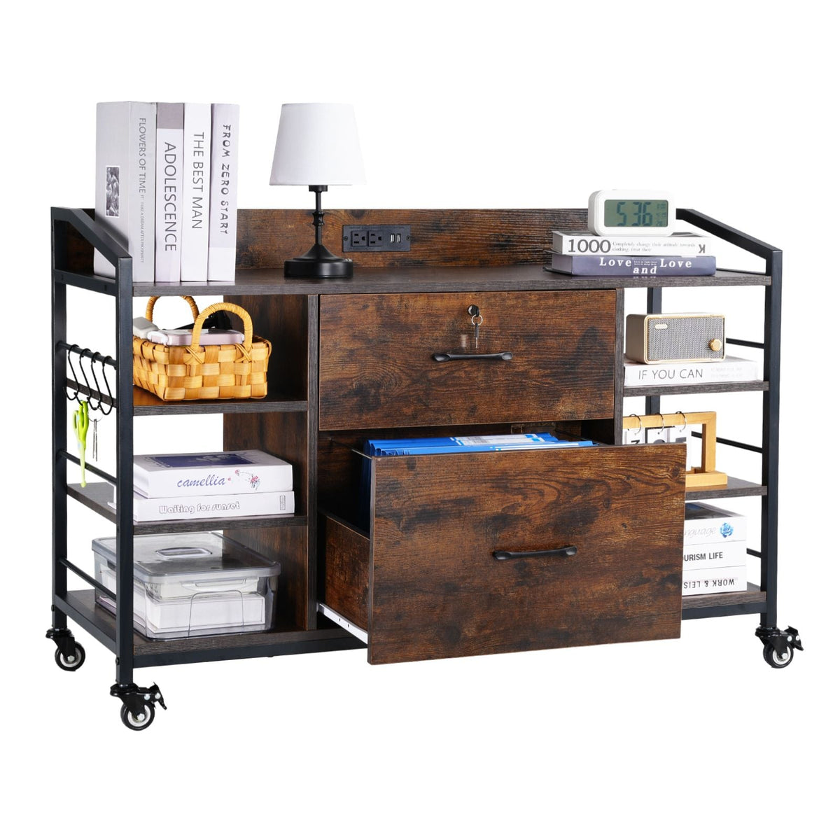 2 Drawers Metal File Cabinet, Lateral Filing Cabinet with Lock and 6 Open Shelves, Wooden Wide Filing Storage Cabinets with Power Strip for Letter, A4, Legal Size File, Easy Assembly, Brown