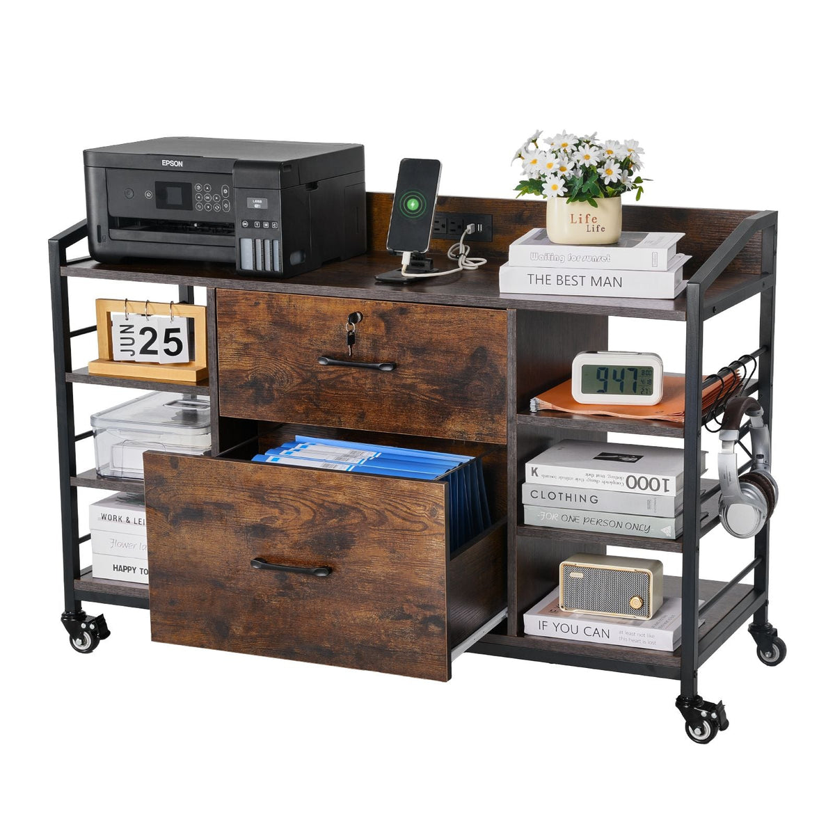 2 Drawers Metal File Cabinet, Lateral Filing Cabinet with Lock and 6 Open Shelves, Wooden Wide Filing Storage Cabinets with Power Strip for Letter, A4, Legal Size File, Easy Assembly, Brown