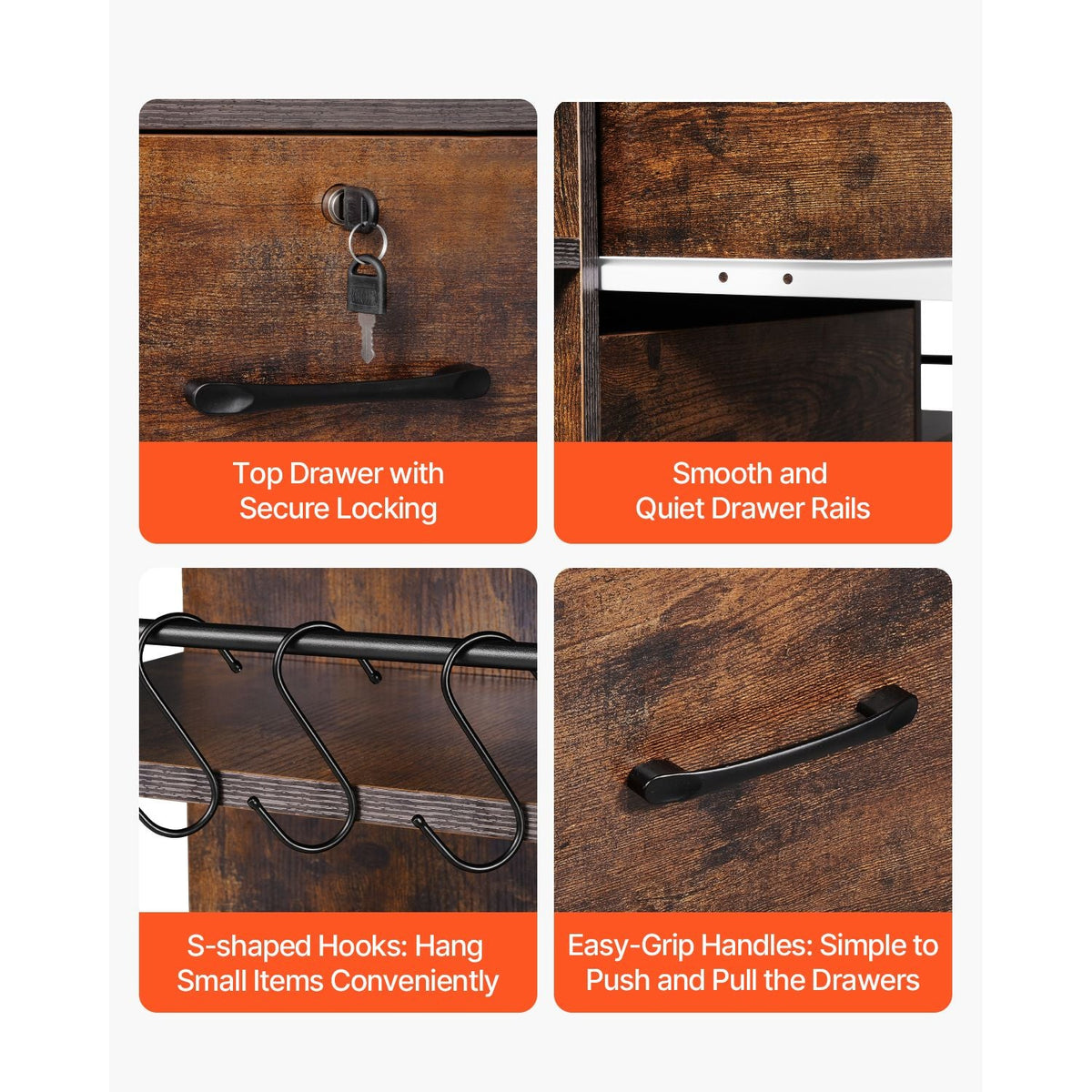 2 Drawers Metal File Cabinet, Lateral Filing Cabinet with Lock and 6 Open Shelves, Wooden Wide Filing Storage Cabinets with Power Strip for Letter, A4, Legal Size File, Easy Assembly, Brown