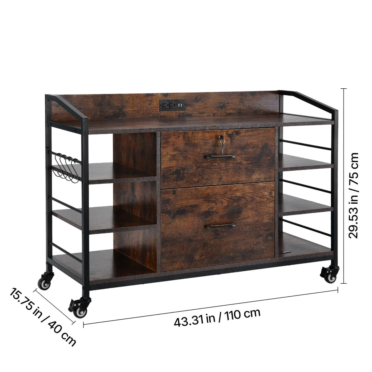 2 Drawers Metal File Cabinet, Lateral Filing Cabinet with Lock and 6 Open Shelves, Wooden Wide Filing Storage Cabinets with Power Strip for Letter, A4, Legal Size File, Easy Assembly, Brown