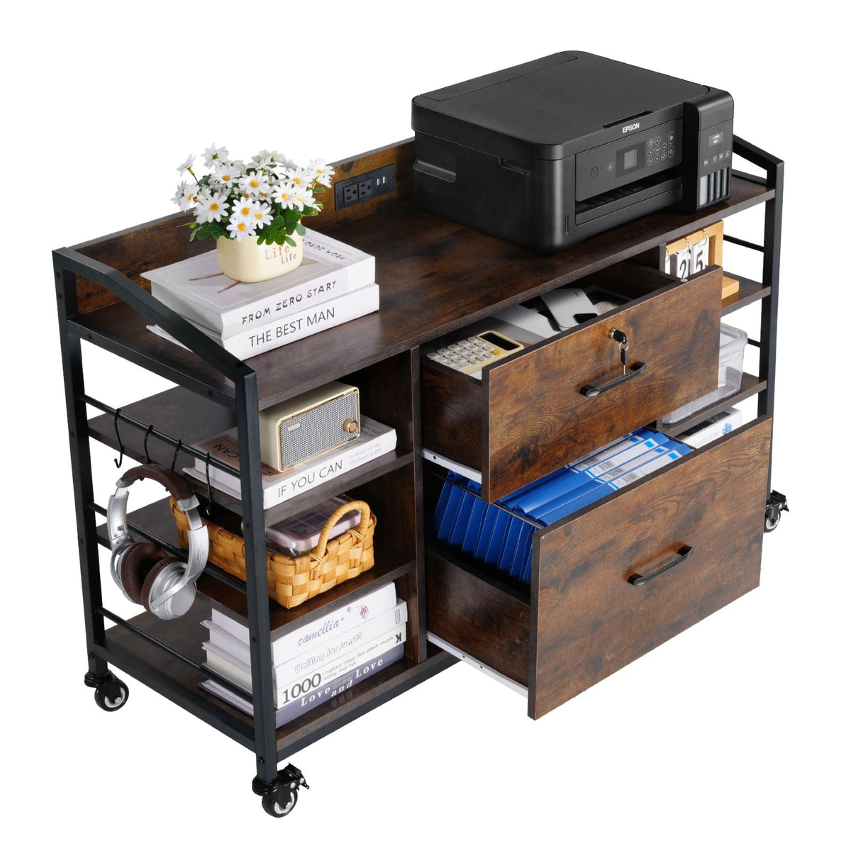 2 Drawers Metal File Cabinet, Lateral Filing Cabinet with Lock and 6 Open Shelves, Wooden Wide Filing Storage Cabinets with Power Strip for Letter, A4, Legal Size File, Easy Assembly, Brown