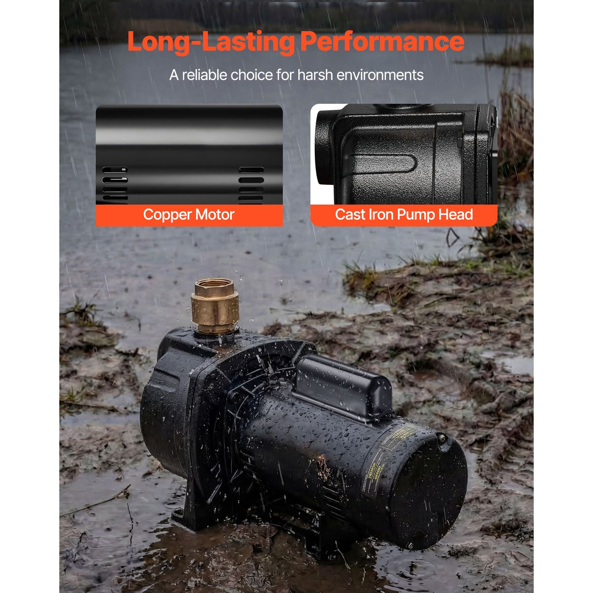 2 HP Shallow Well Jet Pump, 230 Volt, 5200 GPH Cast Iron Well Jet Pump, with 112 ft Max Head Lift, Check Valve, Thermal Protection, Automatic On/Off, for Garden Irrigation Lawn Sprinkler System