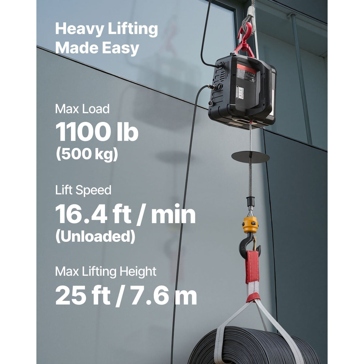 2-in-1 Electric Hoist Winch, 1100 lbs Capacity, 1500W Portable Power Winch Crane, 25 ft Lifting Height, 16.4 ft/min with Manual and Wired Remote Control for Factory, Warehouss, Garage