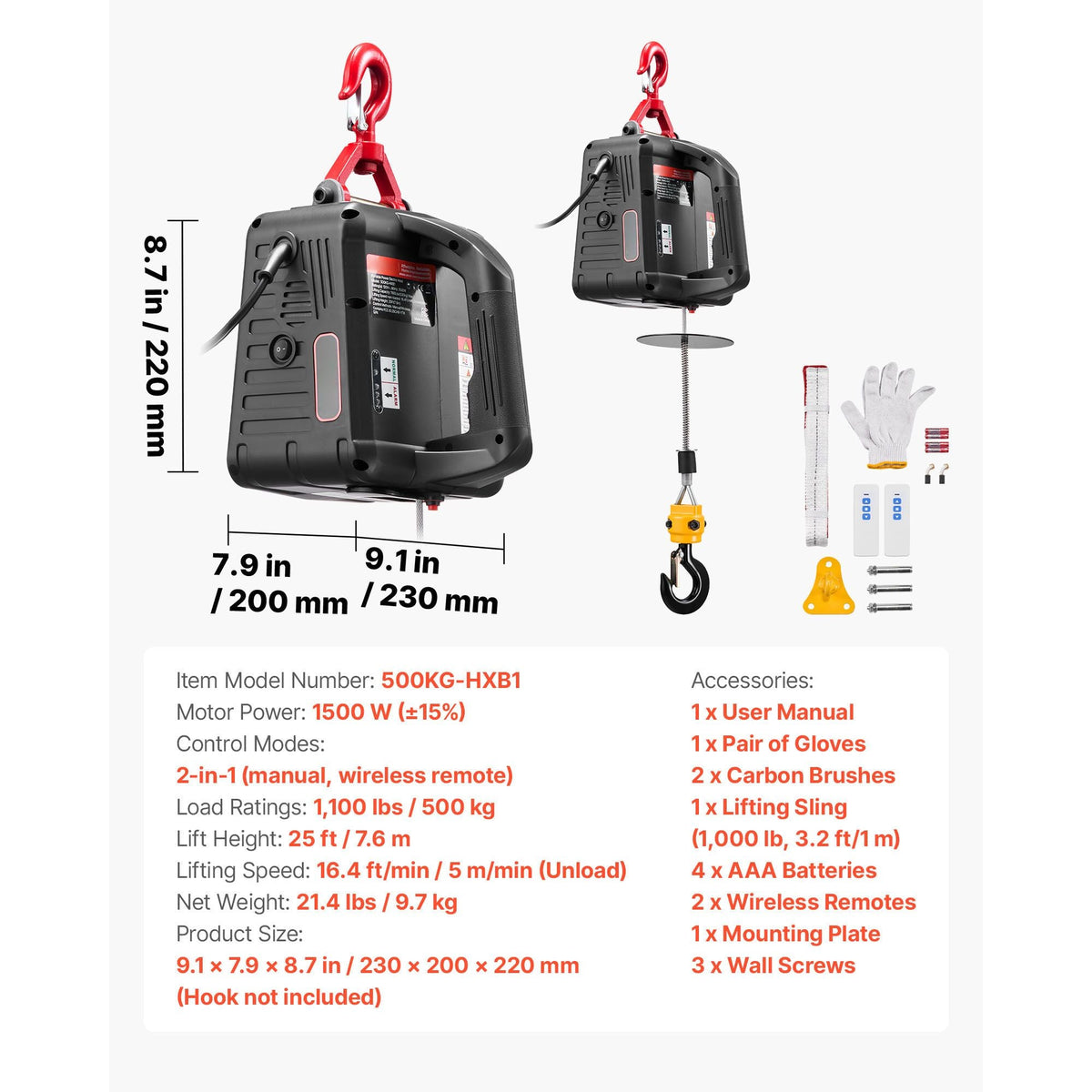 2-in-1 Electric Hoist Winch, 1100 lbs Capacity, 1500W Portable Power Winch Crane, 25 ft Lifting Height, 16.4 ft/min with Manual and Wireless Remote Control for Factory, Warehouss, Garage