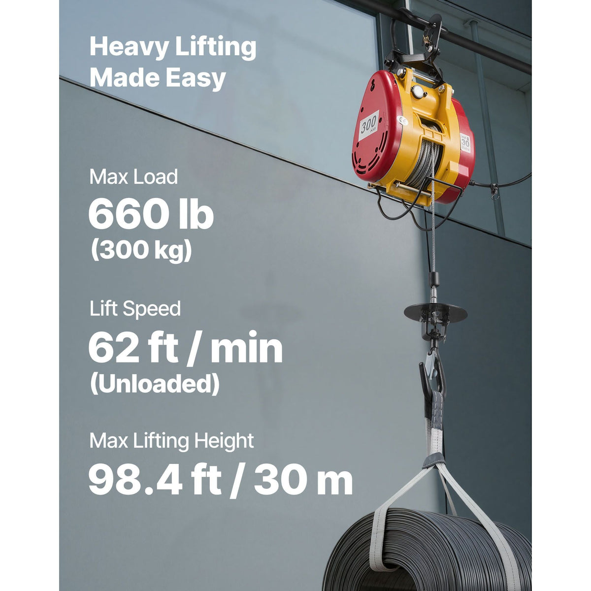 2-in-1 Electric Hoist Winch, 660 lbs Capacity, 1500W Portable Power Winch Crane, 98.4 ft Lifting Height, 62 ft/min with Wired and Wireless Remote Control for Factory, Warehouss, Garage