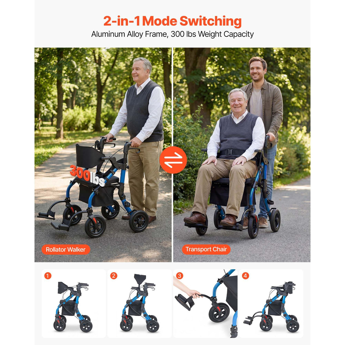 2-in-1 Rollator Walker & Transport Chair for Seniors, Foldable Rolling Walker Wheelchair, Lightweight Aluminum Mobility Walking Aid with Solid PU Wheels, Cup & Cane Holder - Supports 300LBS