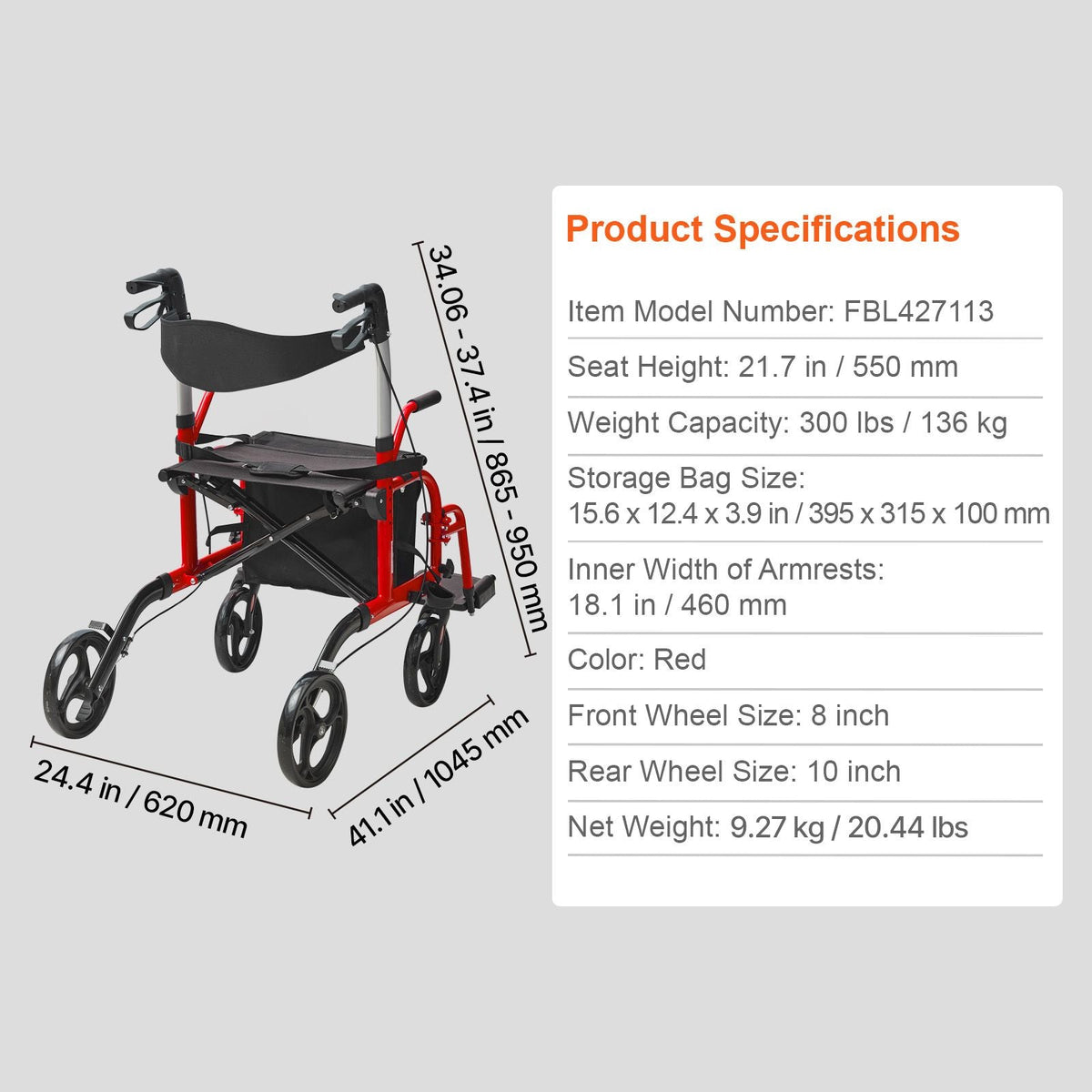 2 in 1 Rollator Walker & Transport Chair for Seniors, Folding Rolling Walker Wheelchair Combo & Footrests, Lightweight Aluminum Mobility Walker with Adjustable Handle, All Terrain Wheels, 300LBS