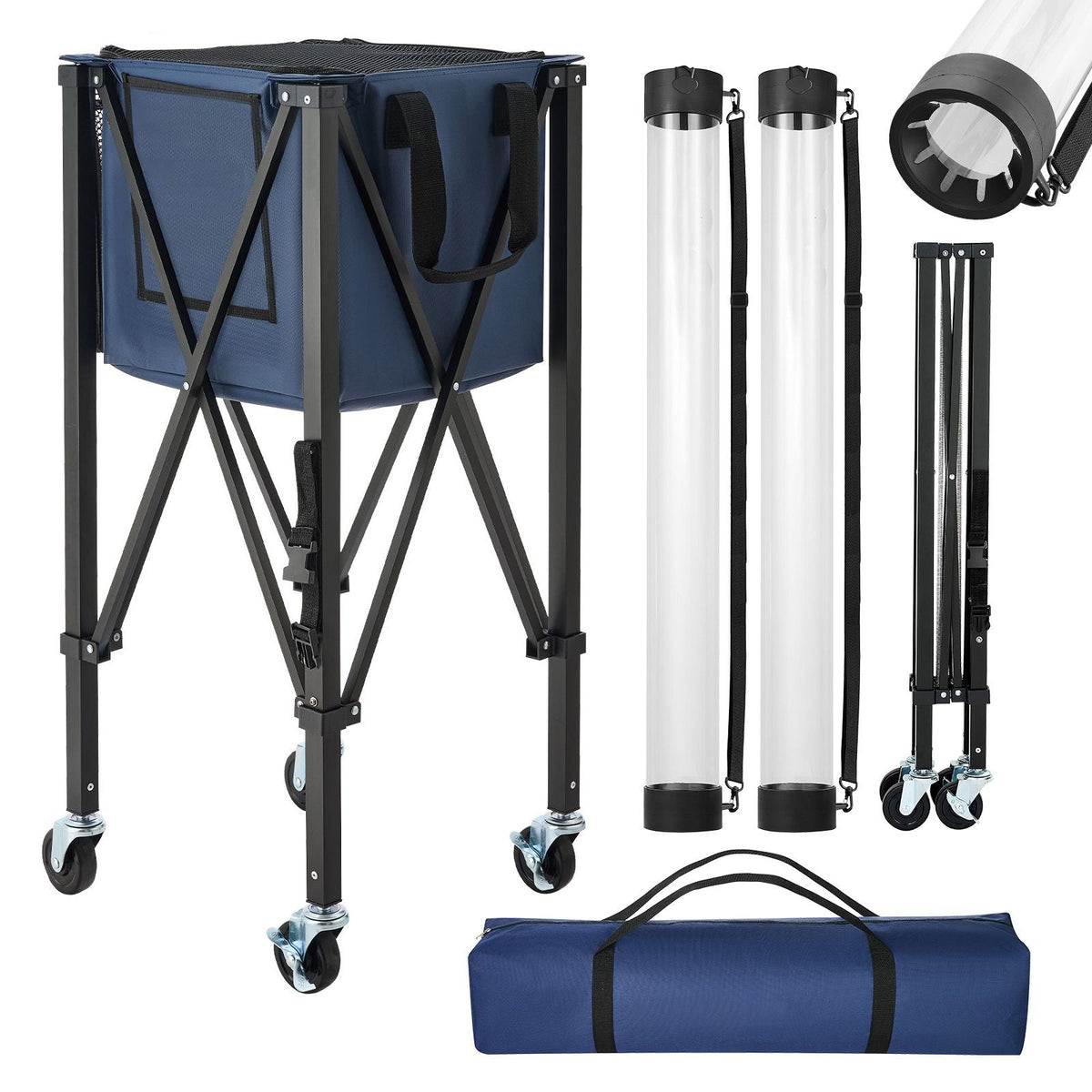 2-in-1 Tennis & Pickleball Hopper, with Pickup Tube, Foldable Pickleball Basket Cart with with Wheels, Holds 150 Tennis Balls or 260 Pickleballs, Portable Pickleball Caddy Holder, for Training