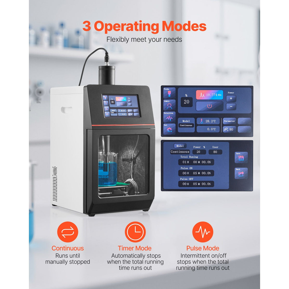 2 in 1 Ultrasonic Homogenizer, 2000W Power, 20KHz Frequency, 0.79 inch Titanium Alloy Probe, Continuous, Timer and Pulse Three Modes, Noise Reduction, Sonicator Processor Cell Disruptor Mixer