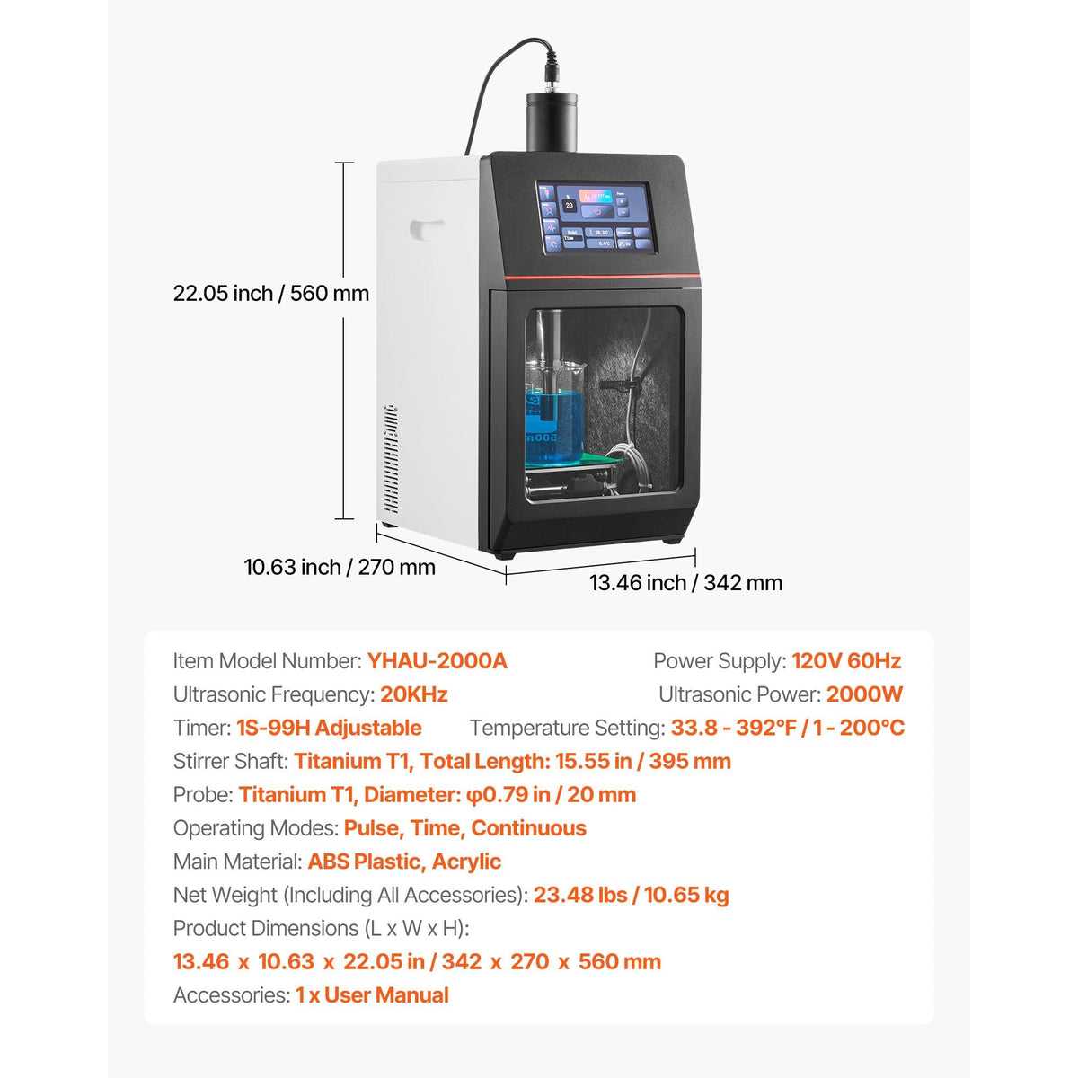 2 in 1 Ultrasonic Homogenizer, 2000W Power, 20KHz Frequency, 0.79 inch Titanium Alloy Probe, Continuous, Timer and Pulse Three Modes, Noise Reduction, Sonicator Processor Cell Disruptor Mixer