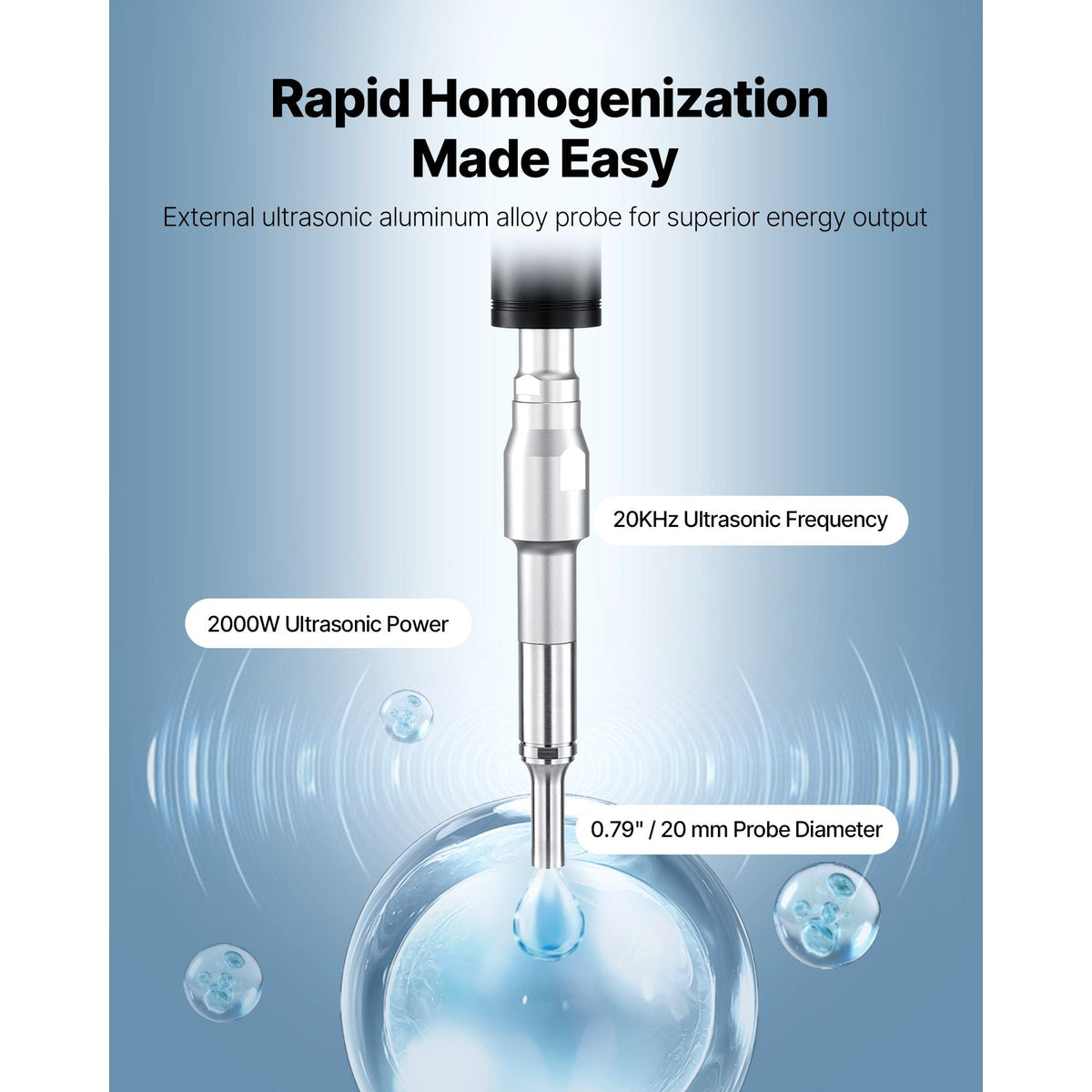 2 in 1 Ultrasonic Homogenizer, 2000W Power, 20KHz Frequency, 0.79 inch Titanium Alloy Probe, Continuous, Timer and Pulse Three Modes, Noise Reduction, Sonicator Processor Cell Disruptor Mixer