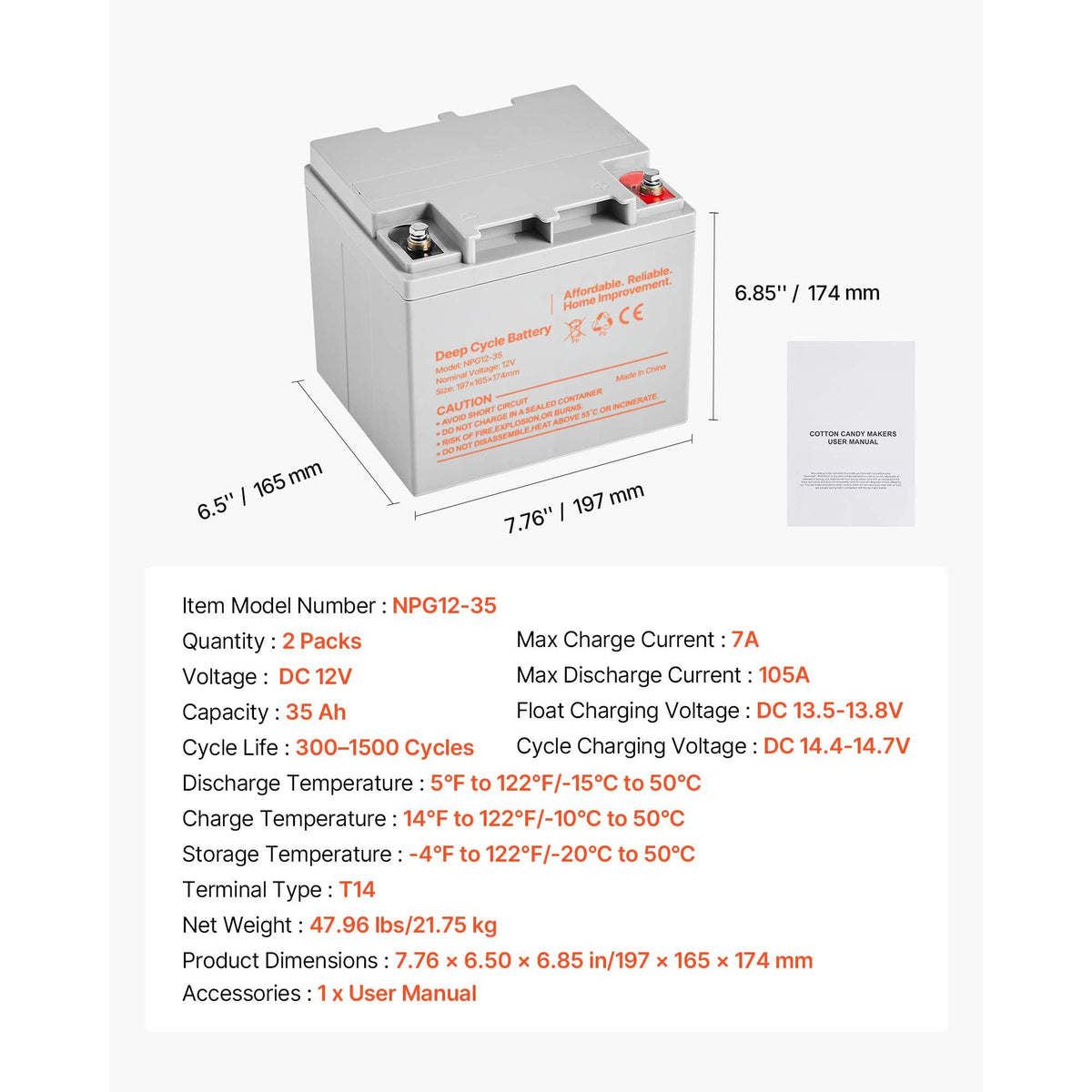 2 Pack 12V 35Ah Deep Cycle Battery, Sealed AGM Technology, Rechargeable Lead Acid AGM Battery, Backup Replacement for Scooters, Mobility Wheelchair, Solar System Off-Grid Home Energy Storage