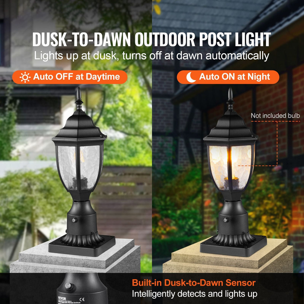 2 Pack Dusk to Dawn Outdoor Post Light, 15.35 in, Waterproof Lamp Post Light Fixtures with 3.5 in Pier Mount Base Glass Shade, Lightning-proof Exterior Pole Column Light for Patio Garden Pathway