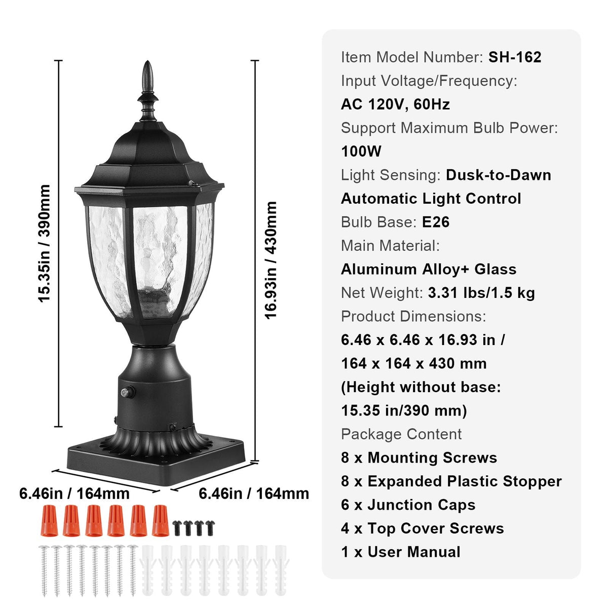 2 Pack Dusk to Dawn Outdoor Post Light, 15.35 in, Waterproof Lamp Post Light Fixtures with 3.5 in Pier Mount Base Glass Shade, Lightning-proof Exterior Pole Column Light for Patio Garden Pathway