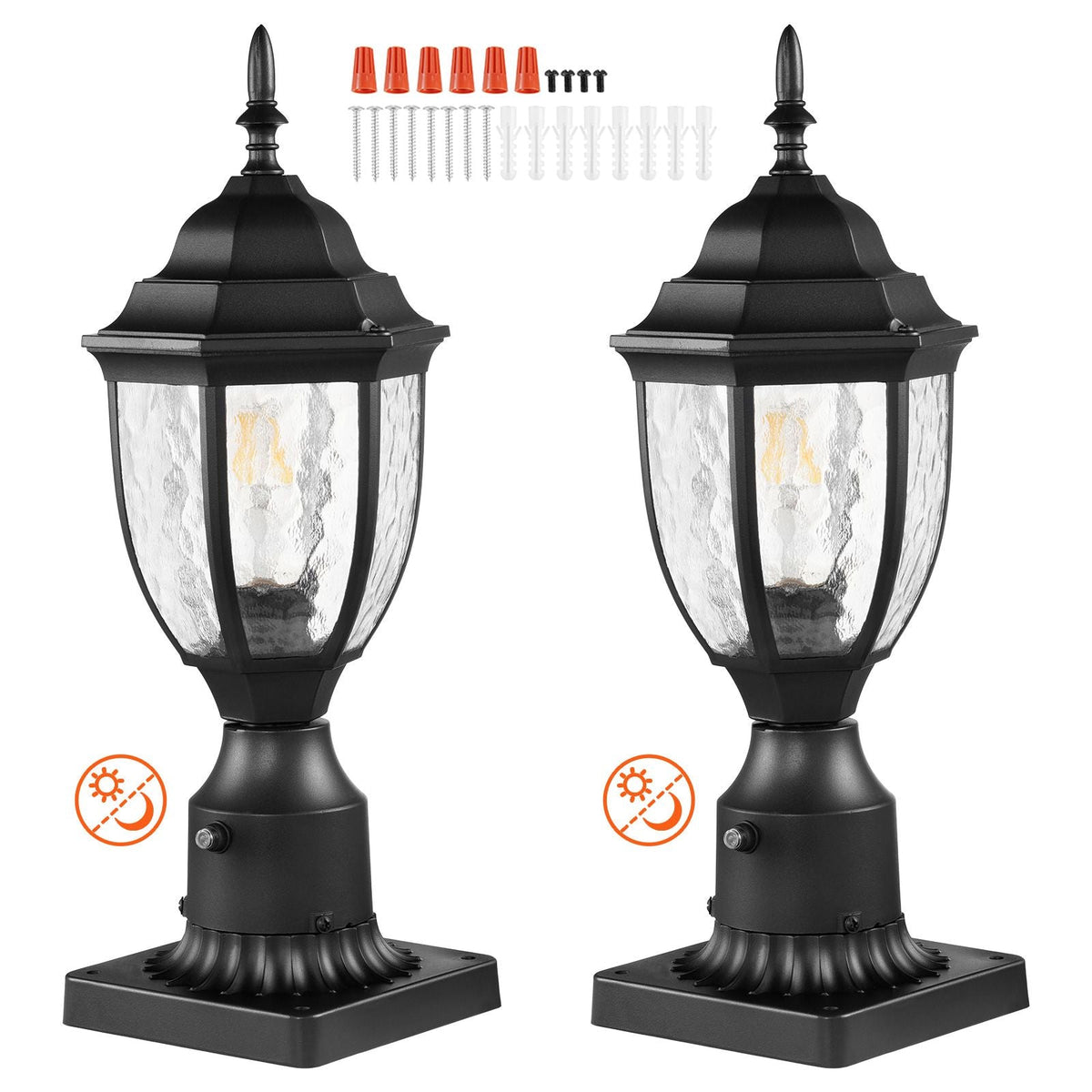 2 Pack Dusk to Dawn Outdoor Post Light, 15.35 in, Waterproof Lamp Post Light Fixtures with 3.5 in Pier Mount Base Glass Shade, Lightning-proof Exterior Pole Column Light for Patio Garden Pathway