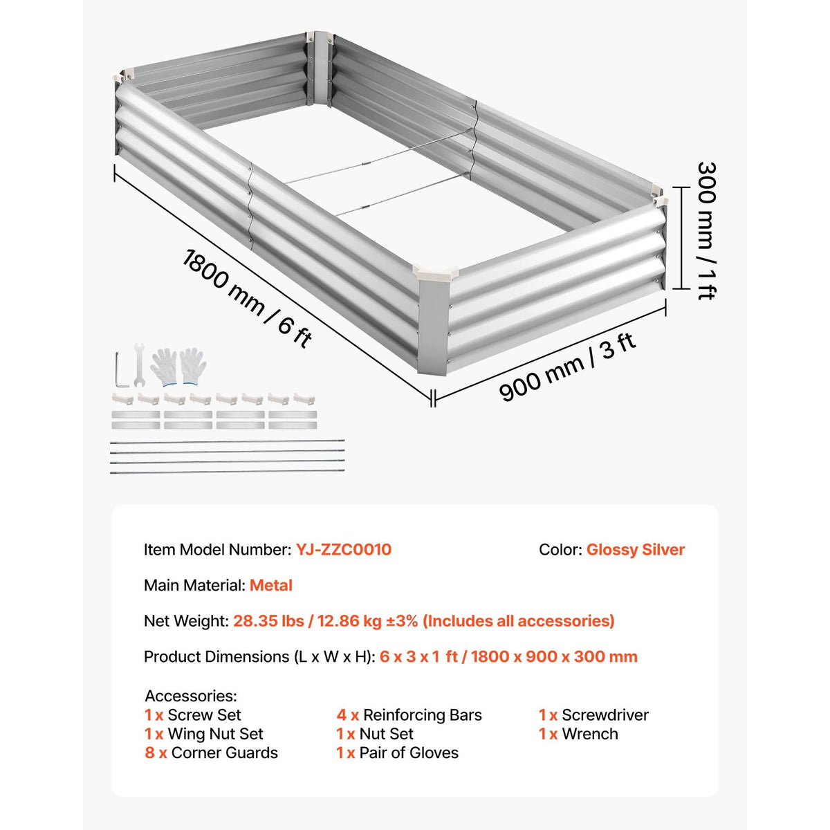 2 Pack Galvanized Raised Garden Beds, 6 x 3 x 1 ft, Rectangular Metal Planter Boxes Kit Outdoor, Bottomless Elevated Planting Box with Gloves, Alu-Zinc, for Growing Flowers Vegetables, Silver