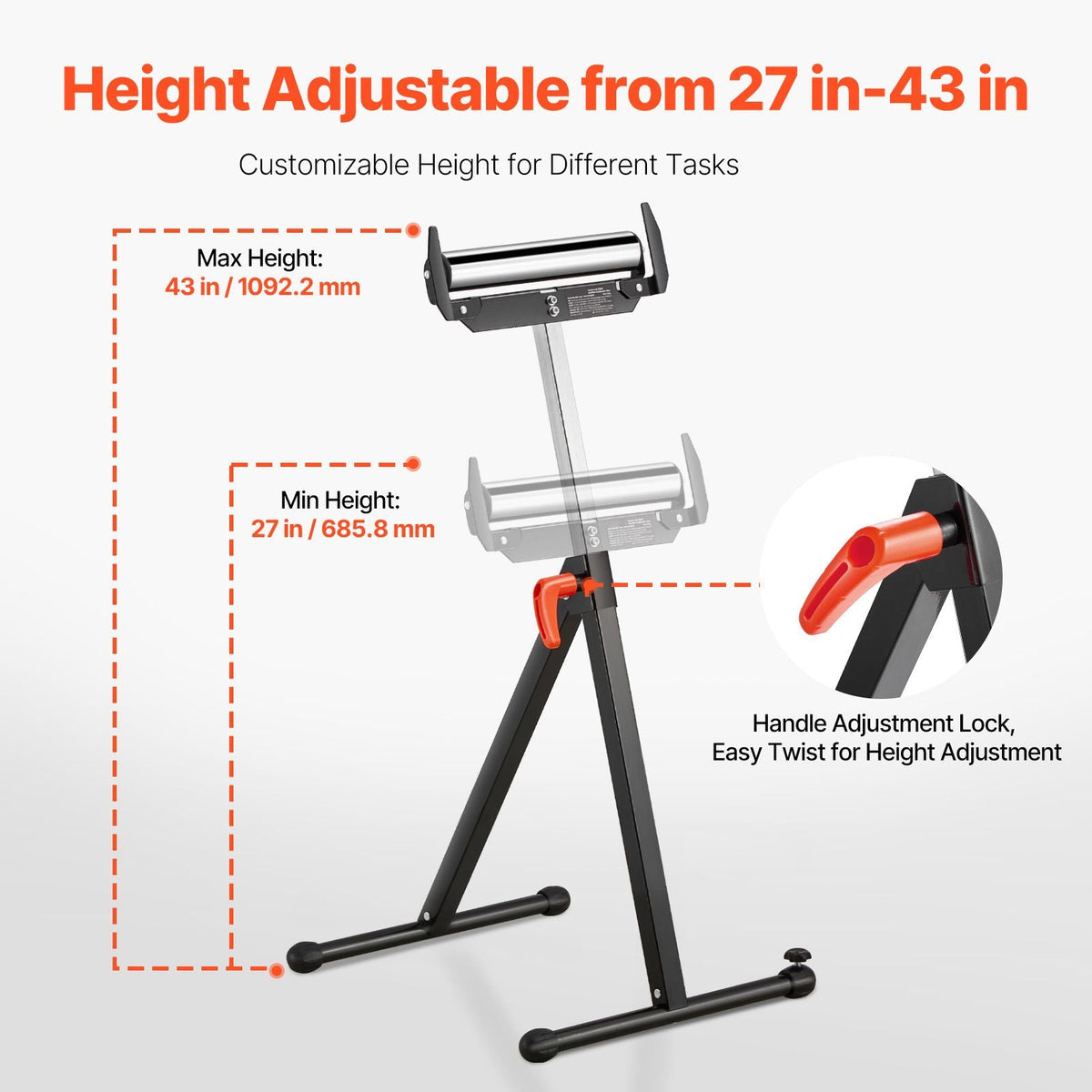 2-Pack Roller Stands, 250 lbs Load Capacity, 27-43 in Adjustable Height, Folding Heavy Duty with Polished Steel Roller Head & Edge Guides, for Table Saw Outfeed Woodworking Extension Support